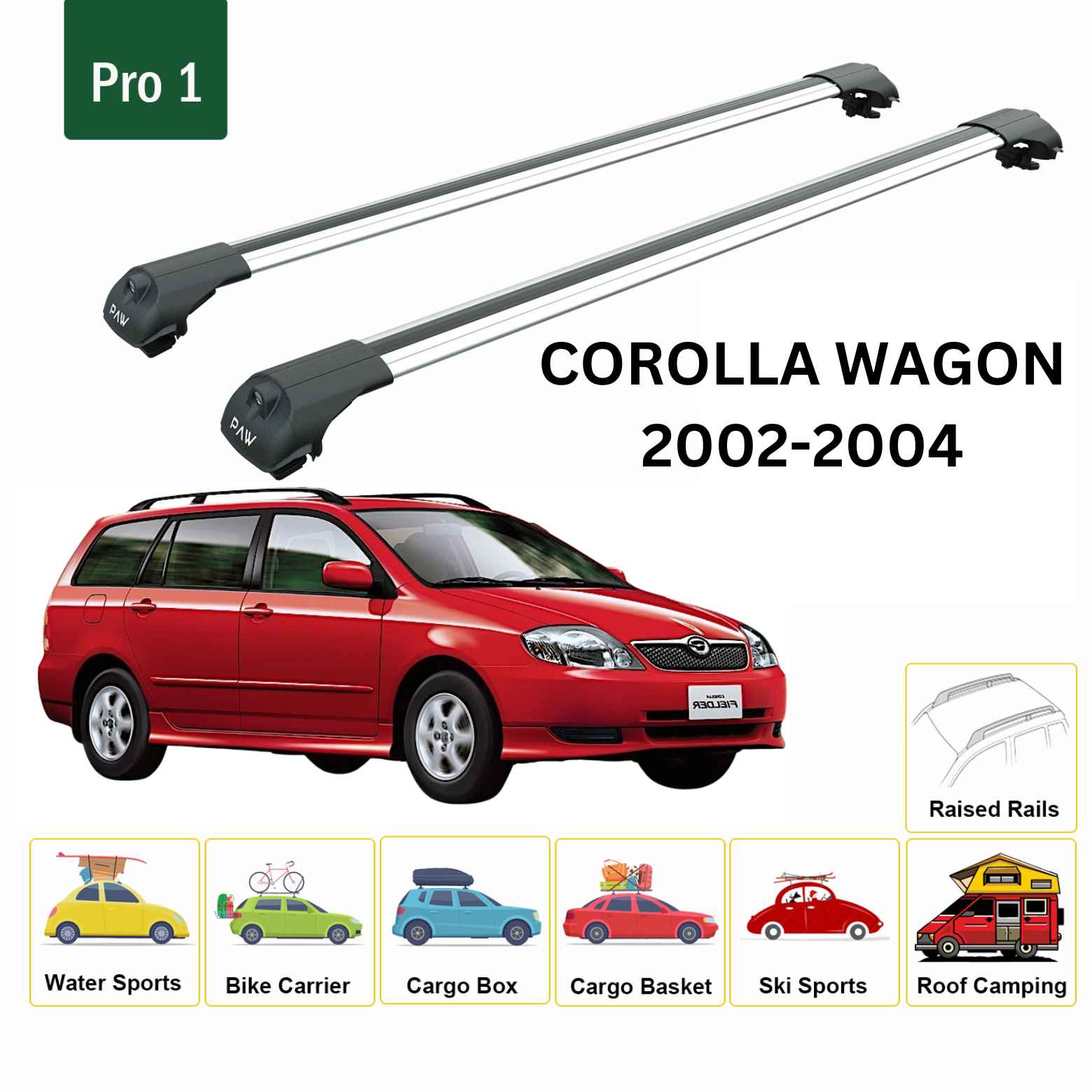 For Toyota Corolla Wagon 2002-04 Roof Rack Cross Bars Raised Rail Alu Black - 0