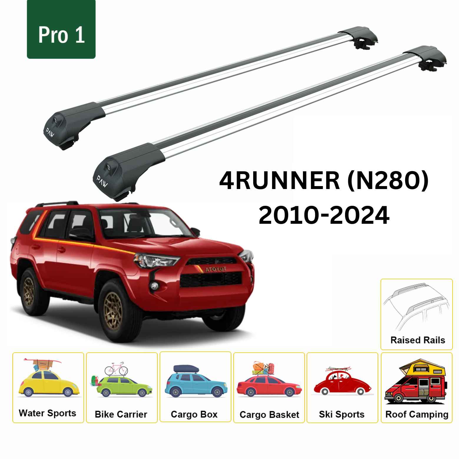 For Toyota 4Runner (N280) 2010-24 Roof Rack Cross Bars Raised Rail Alu Silver - 0