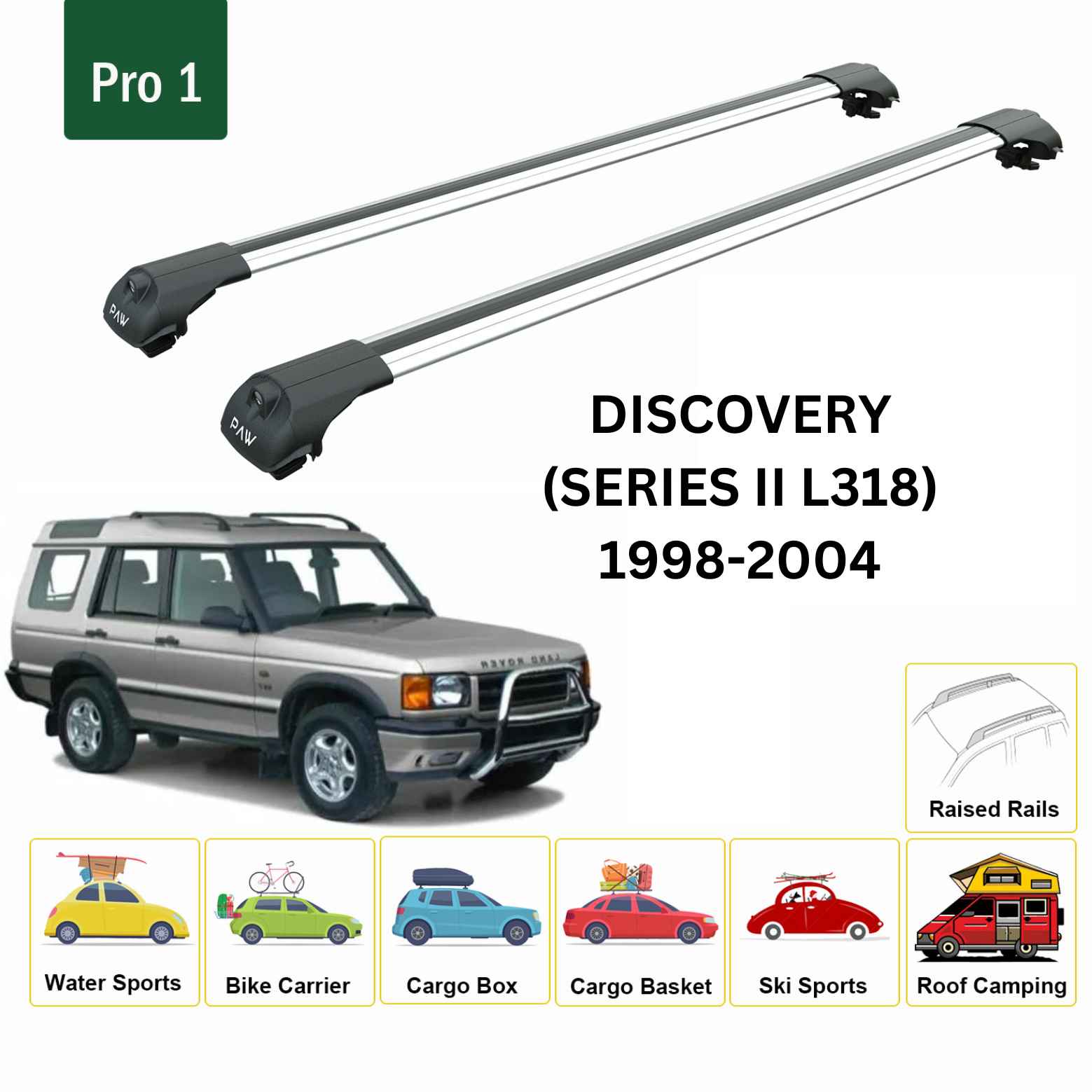 For Land Rover Discovery (Series II) 1998-04 Roof Rack Cross Bars Raised Rail Alu Silver - 0