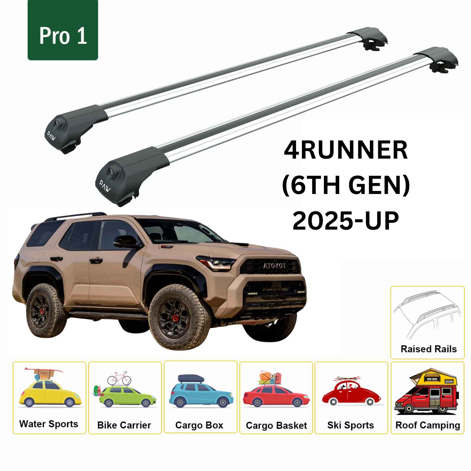 For Toyota 4Runner (6th Gen) 2025-Up Roof Rack Cross Bars Raised Rail Alu Silver - 0