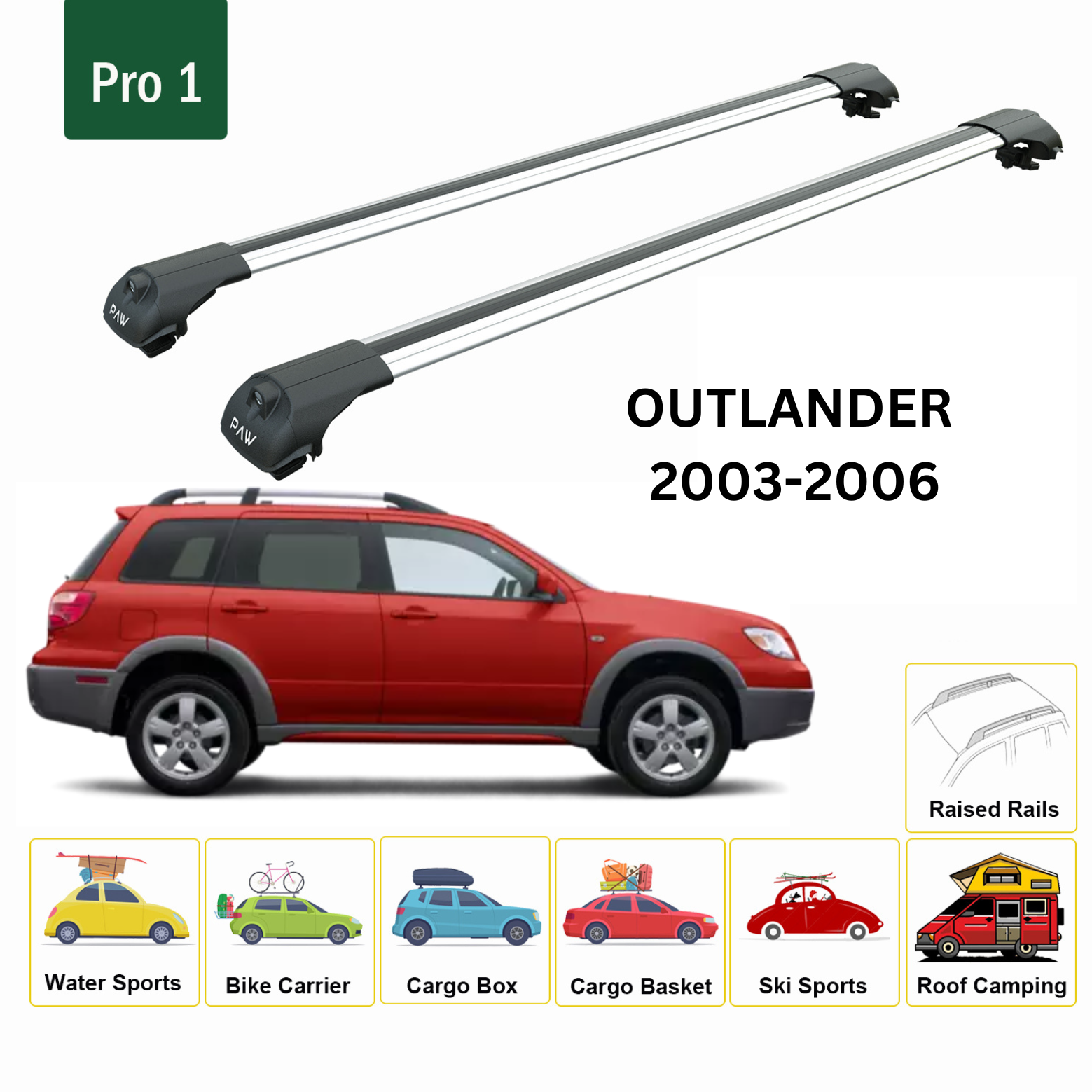 For Mitsubishi Outlander 2003-06 Roof Rack Cross Bars Metal Bracket Raised Rail Alu Silver