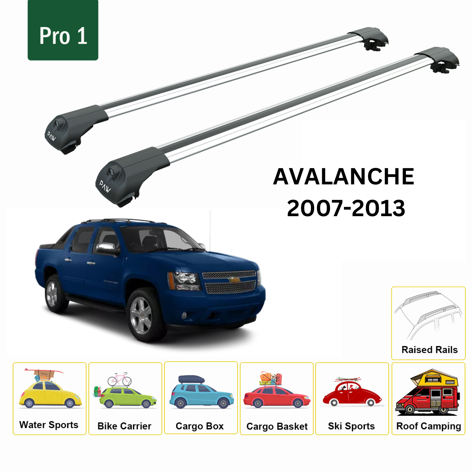For Chevrolet Avalanche 2007-13 Roof Rack Cross Bars Metal Bracket Raised Rail Alu Silver