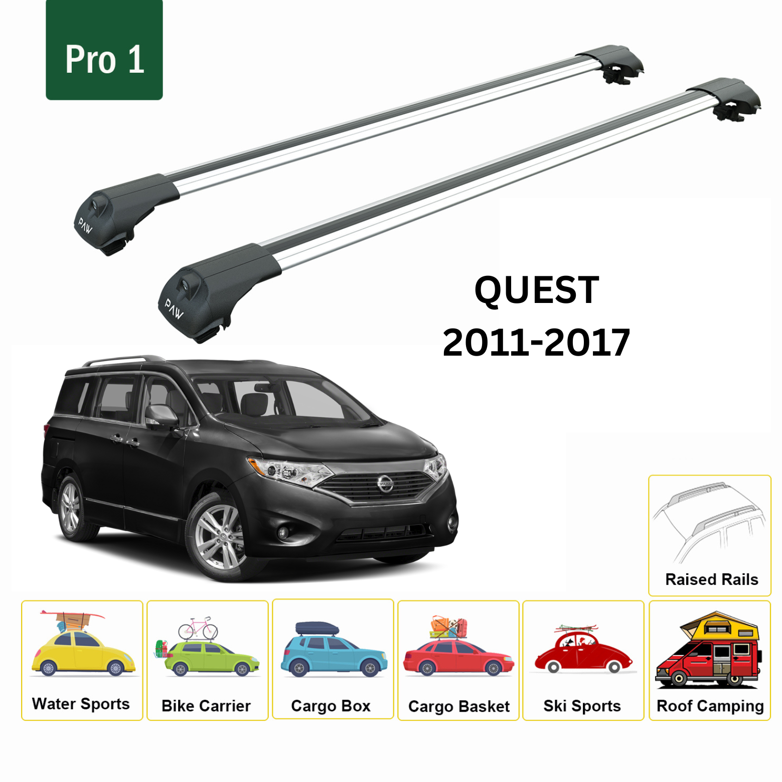 For Nissan Quest 2011-17 Roof Rack Cross Bars Metal Bracket Raised Rail Alu Silver - 0