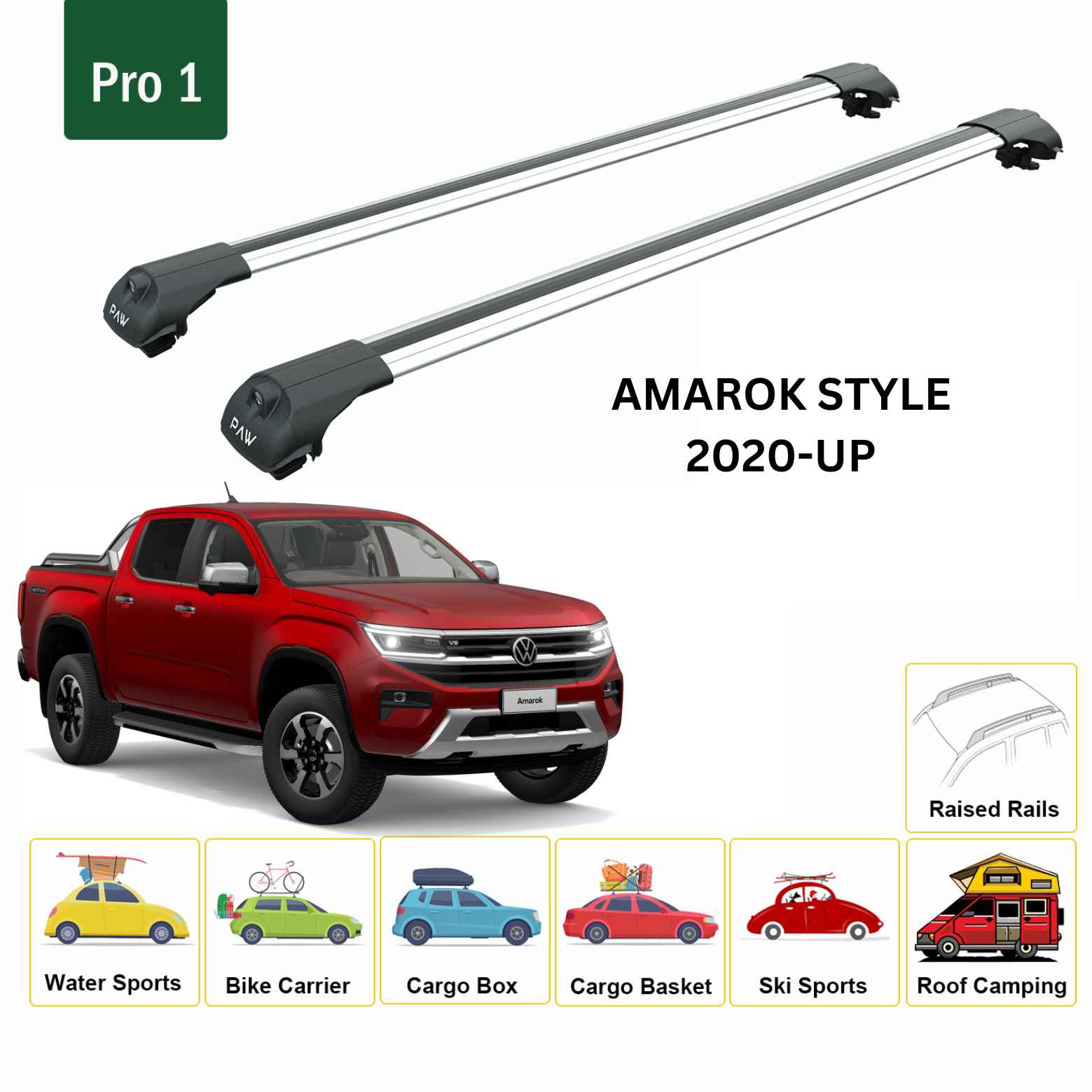 For Volkswagen Amarok Style 2020-Up Roof Side Rails and Roof Rack Cross Bar Alu Silver