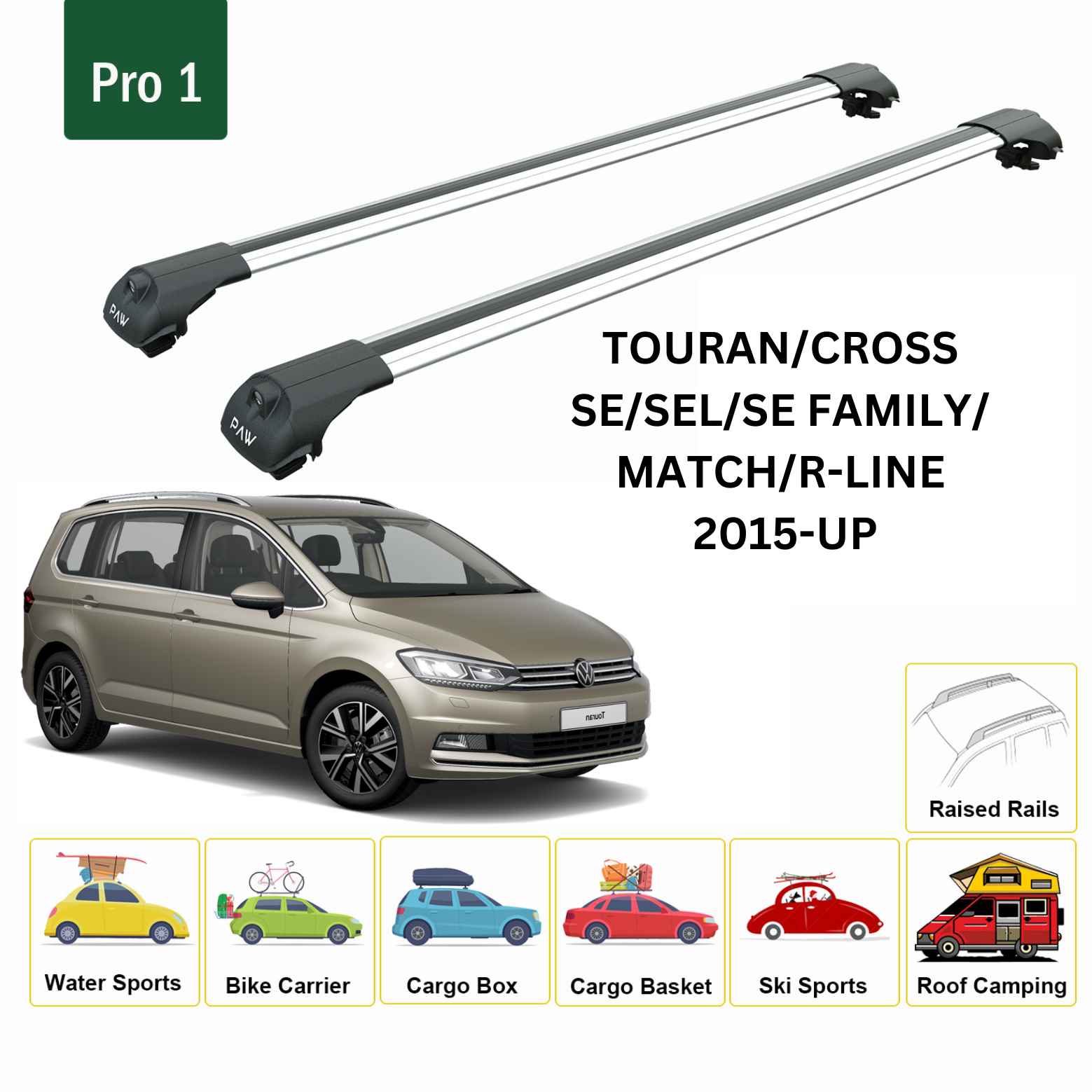 For Volkswagen Touran/Cross 2015-Up Roof Rack Cross Bar Raised Rail Alu Silver