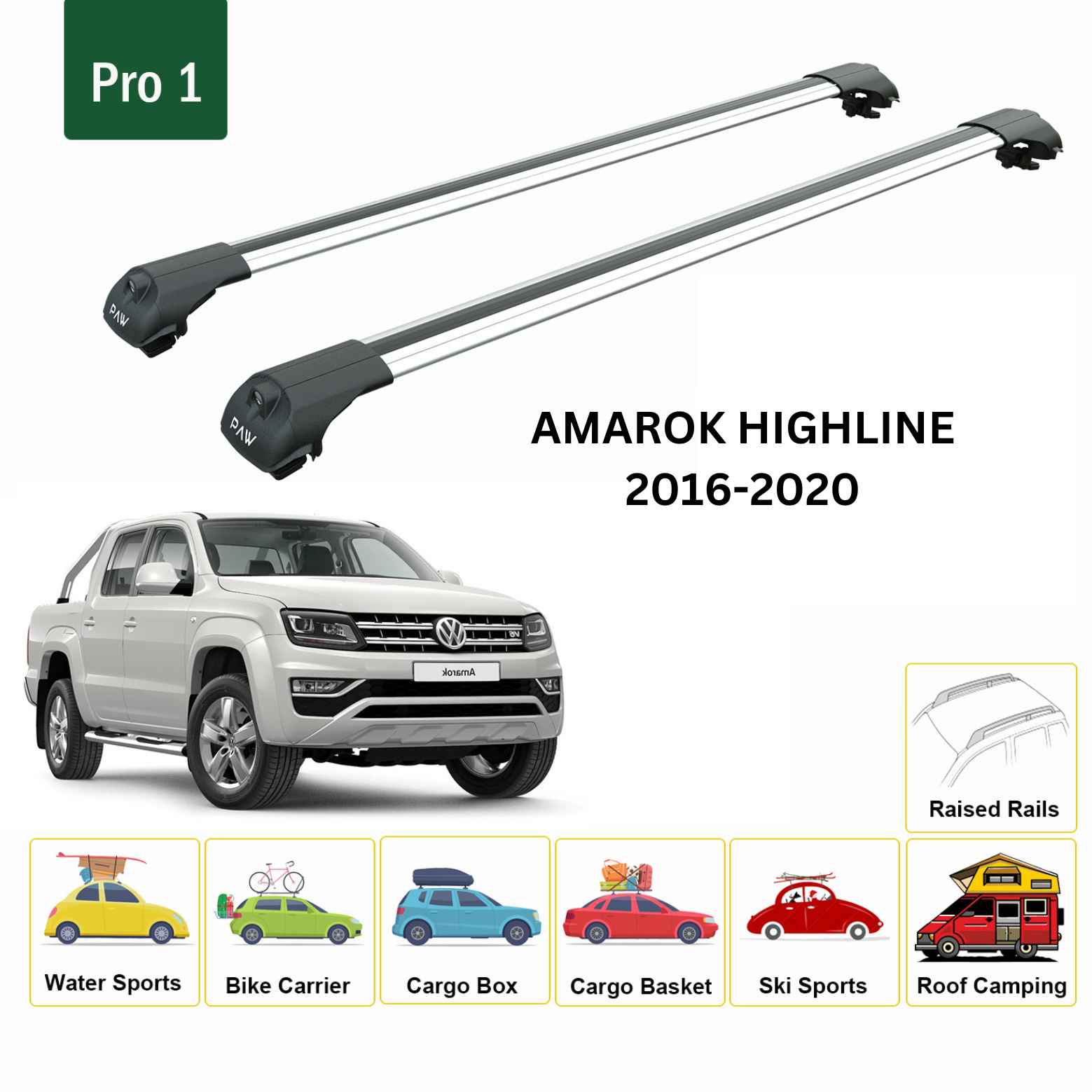For Volkswagen Amarok Highline 2016-20 Roof Side Rails and Roof Rack Cross Bar Alu Silver