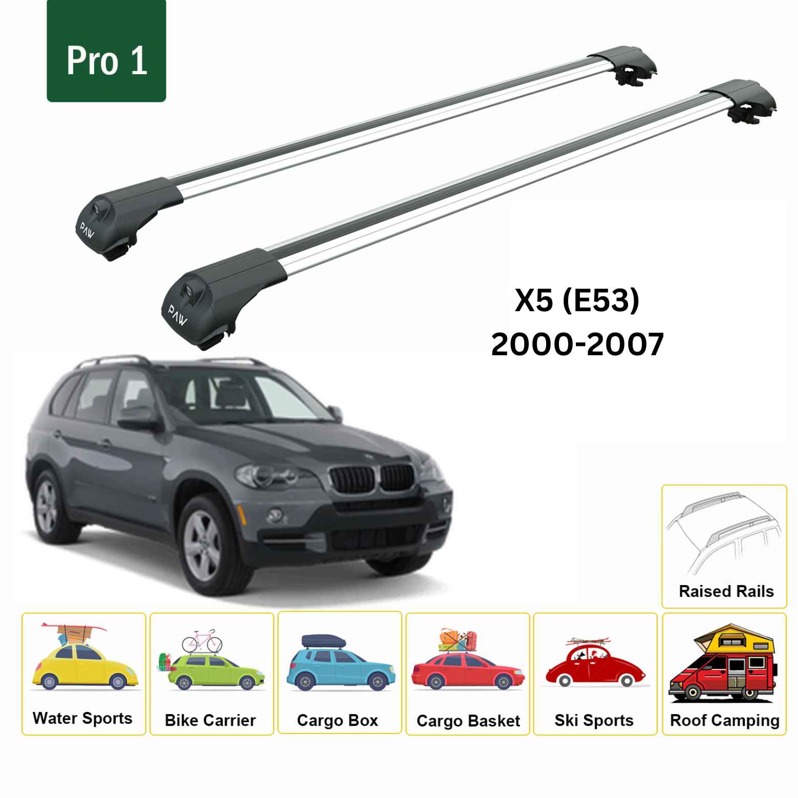 For BMW X5 (E53) 2000-07 Roof Rack Cross Bars Raised Rail Alu Silver - 0