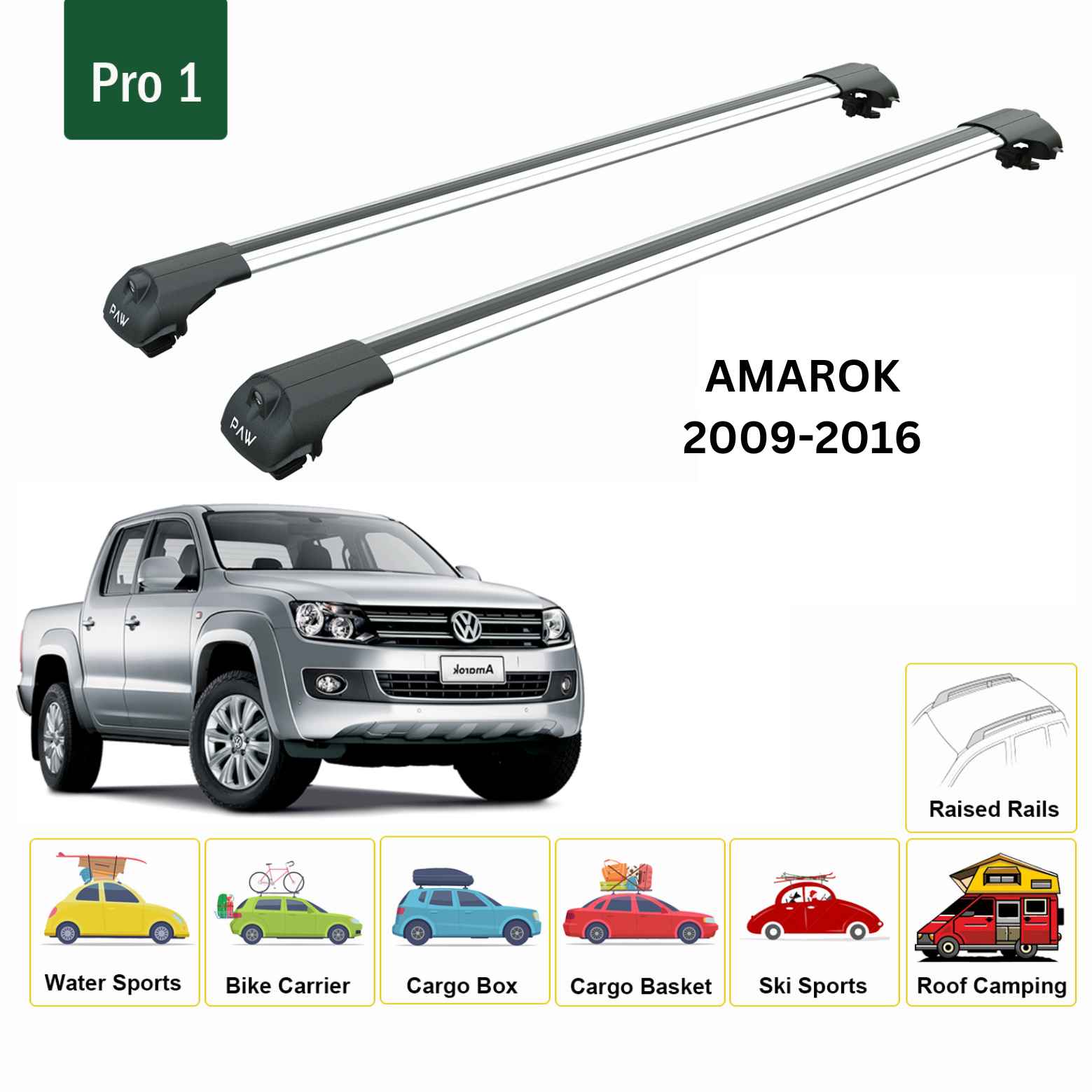 Für Volkswagen Amarok 2010-Up Dachseitenschienen und Dachträger-Querstange Alu Silber 