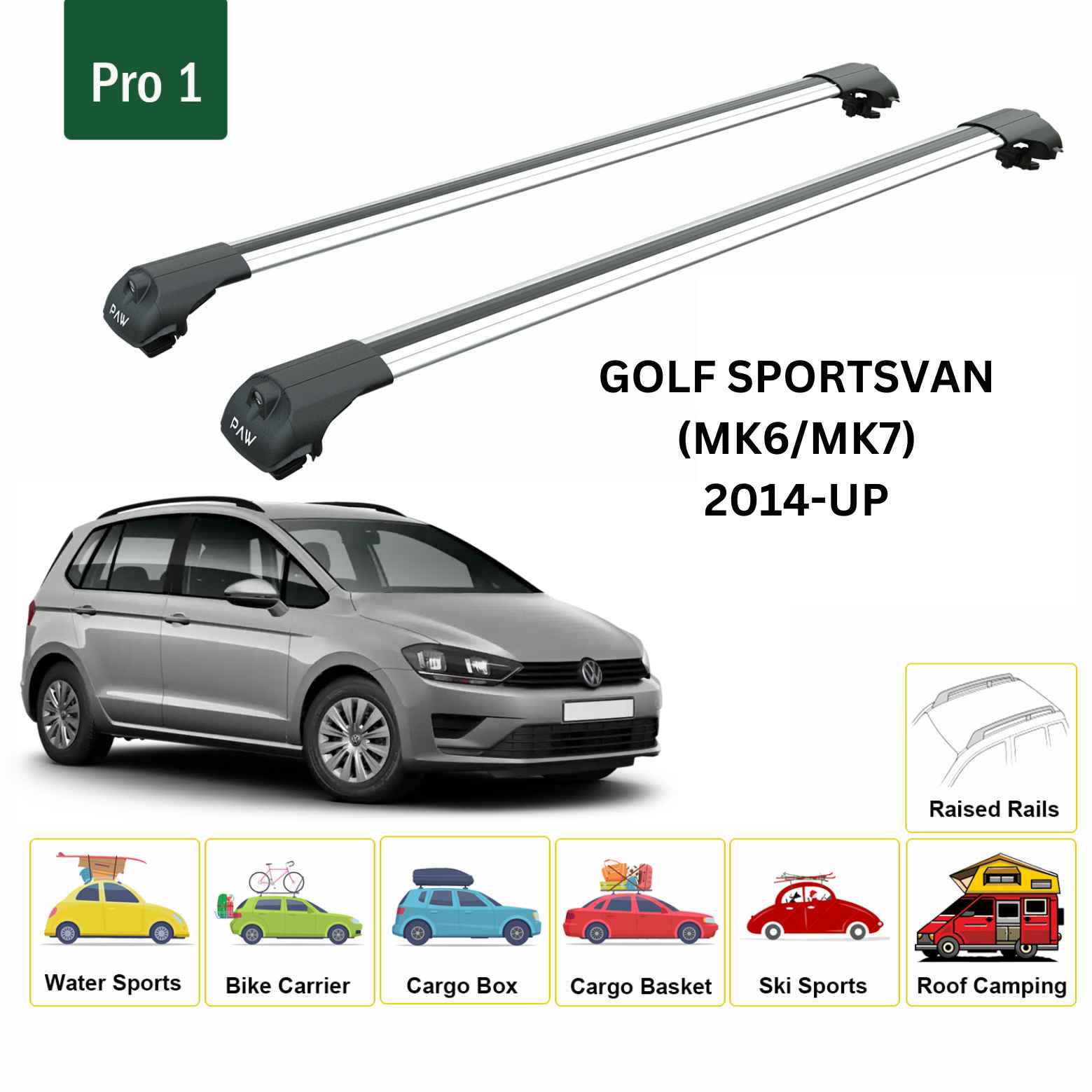 For Volkswagen Golf Sportsvan (MK6/MK7) 2014-Up Roof Rack Cross Bar Raised Rail Alu Silver