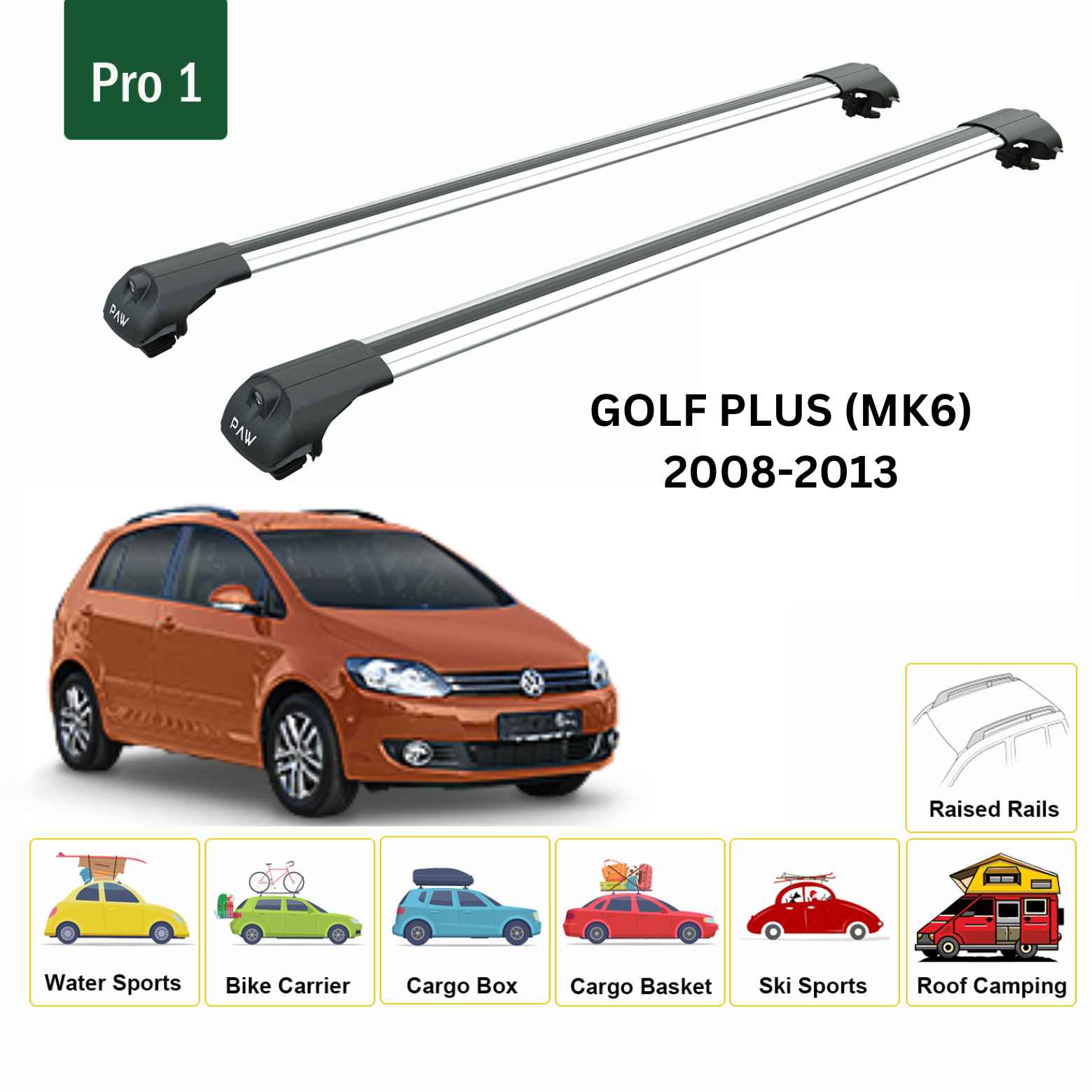 Für Volkswagen Golf Plus 2009-Up Dachträger Querstange Metallhalterung Erhöhte Schiene Alu Silber