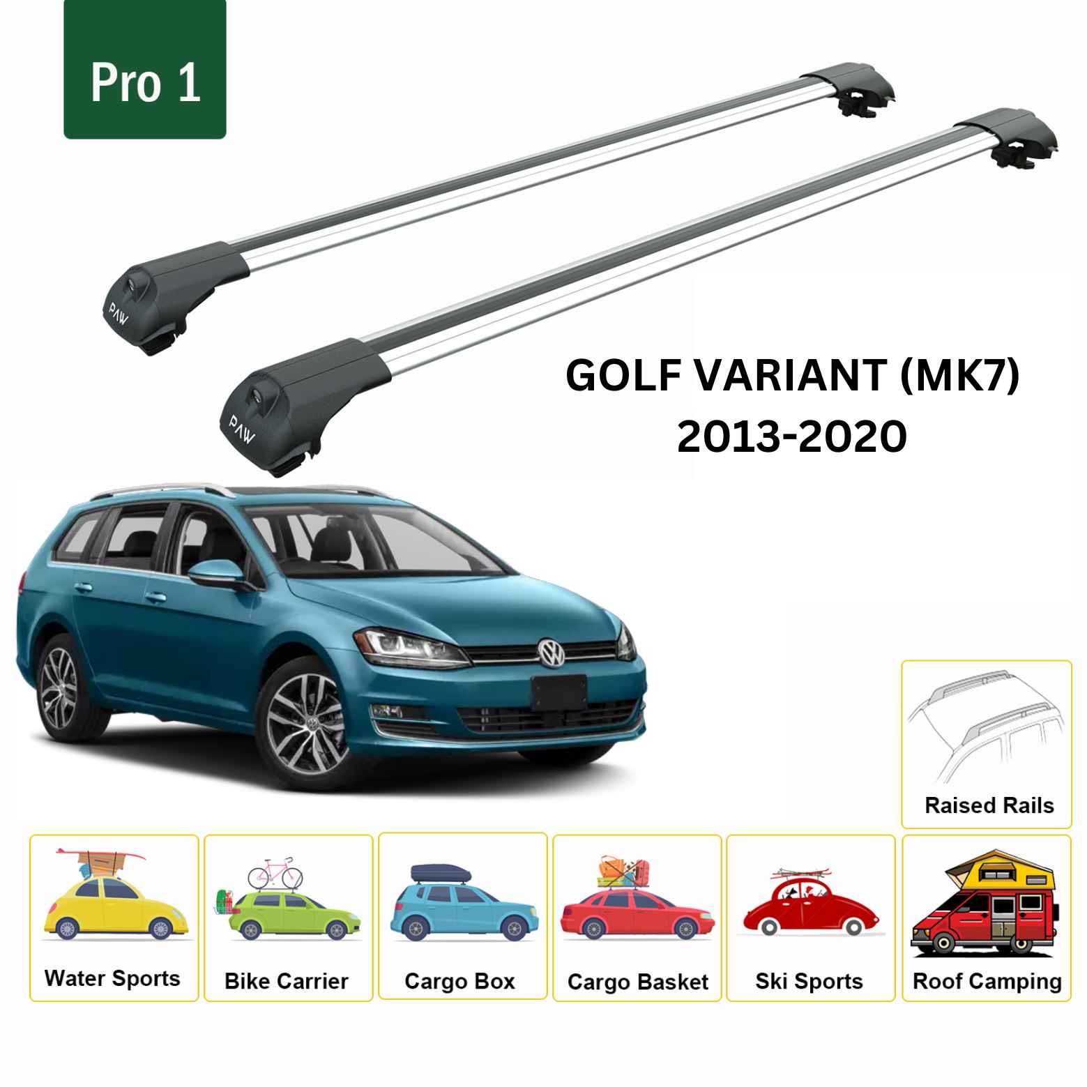For Volkswagen Golf Variant (MK7) 2013-20 Roof Rack Cross Bar Raised Rail Alu Silver