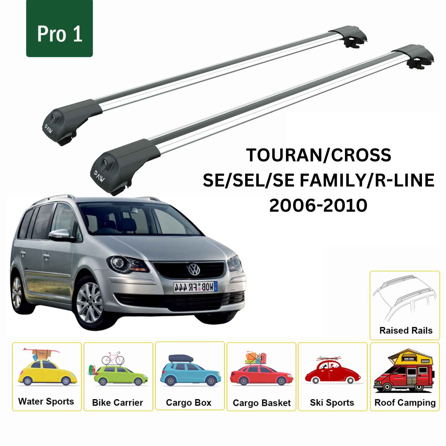 For Volkswagen Touran 2006-10 Roof Rack Cross Bar Raised Rail Alu Silver - 0