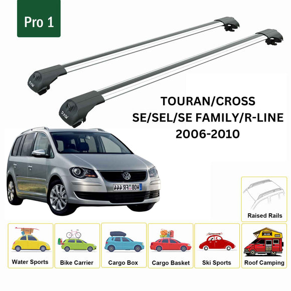 For Volkswagen Touran 2006-2010 Roof Rack Cross Bar Raised Rail Alu Silver