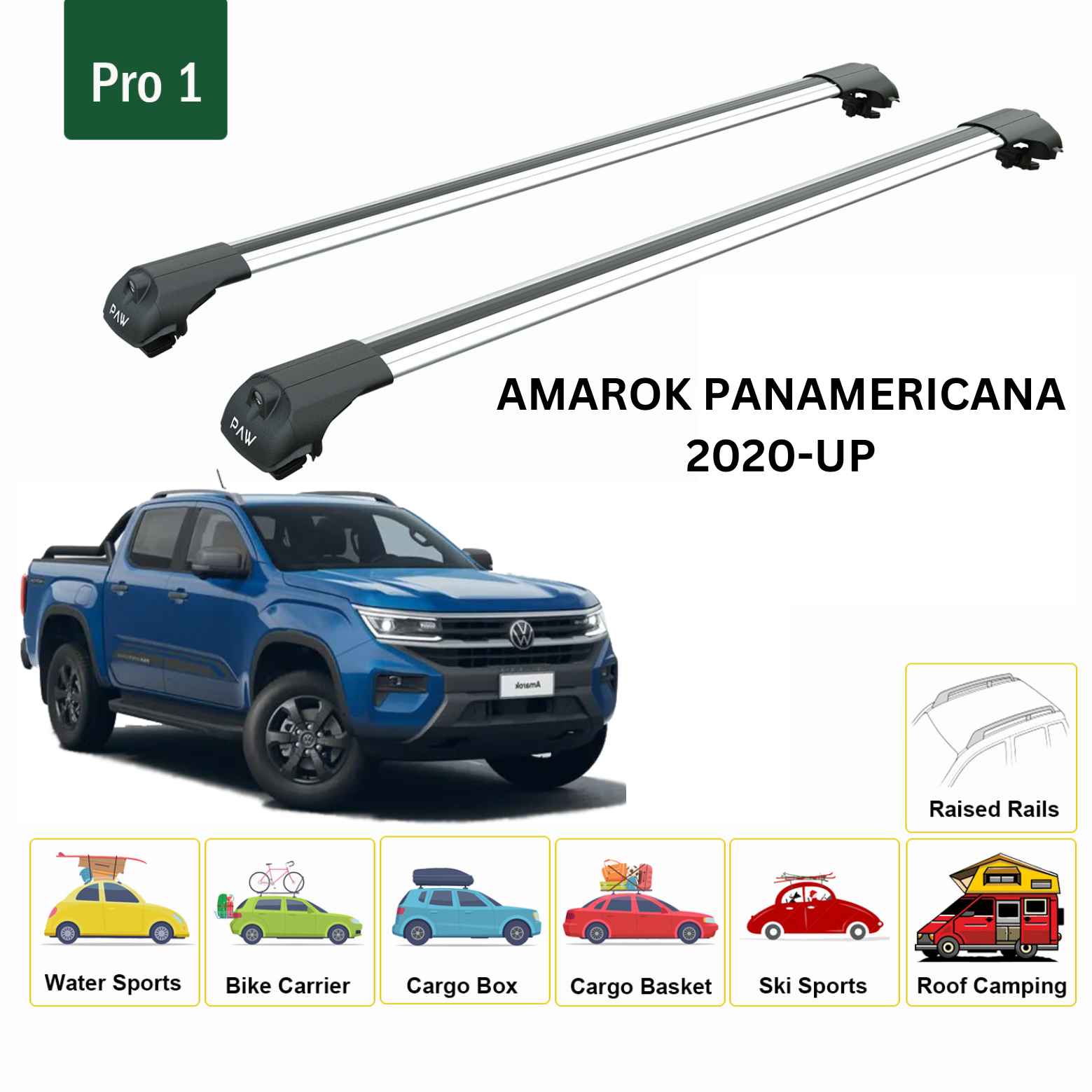 For Volkswagen Amarok Panamericana 2020-Up Roof Rack Cross Bar Raised Rail Alu Silver - 0