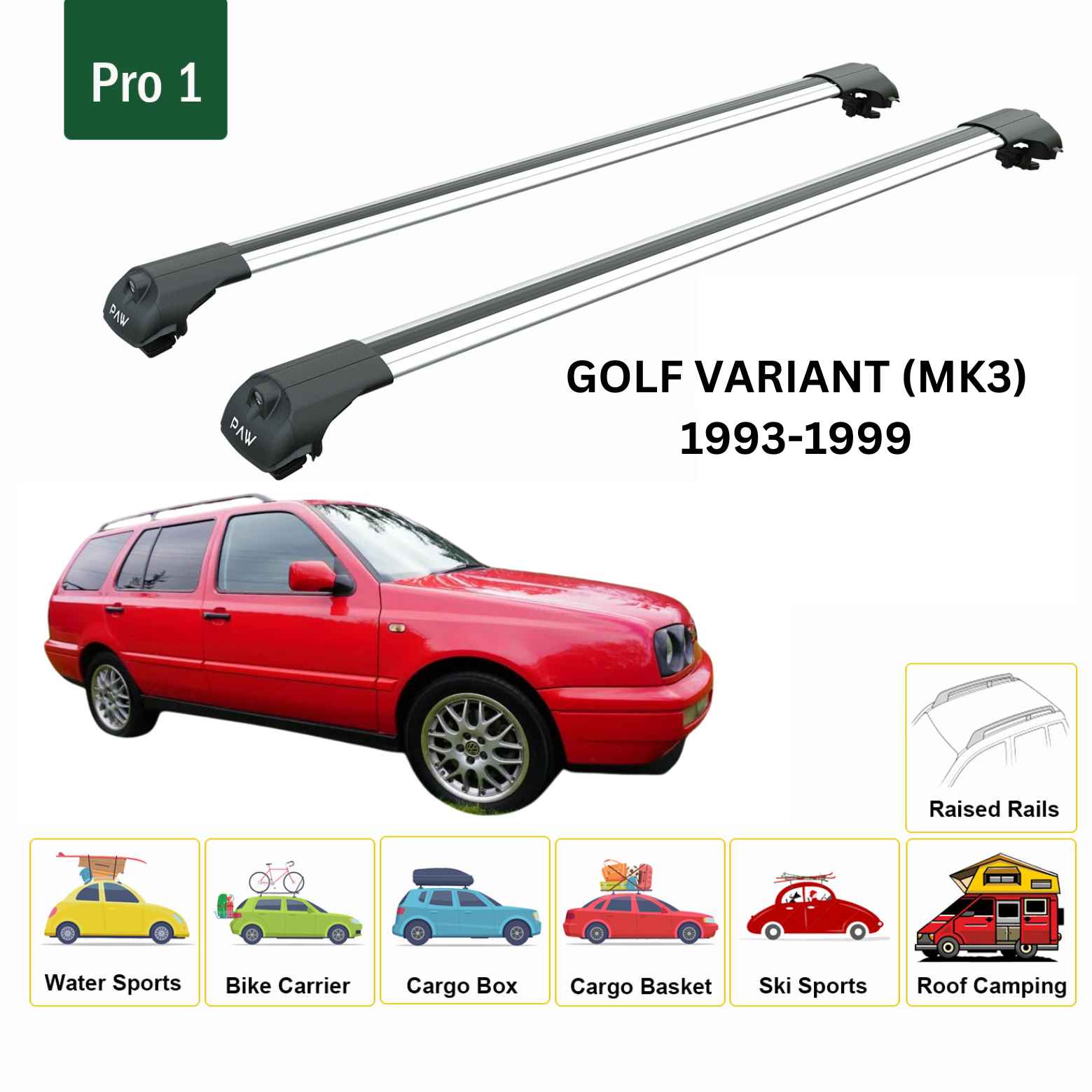 For Volkswagen Golf Variant (MK3) 1993-99 Roof Rack Cross Bar Raised Rail Alu Silver - 0