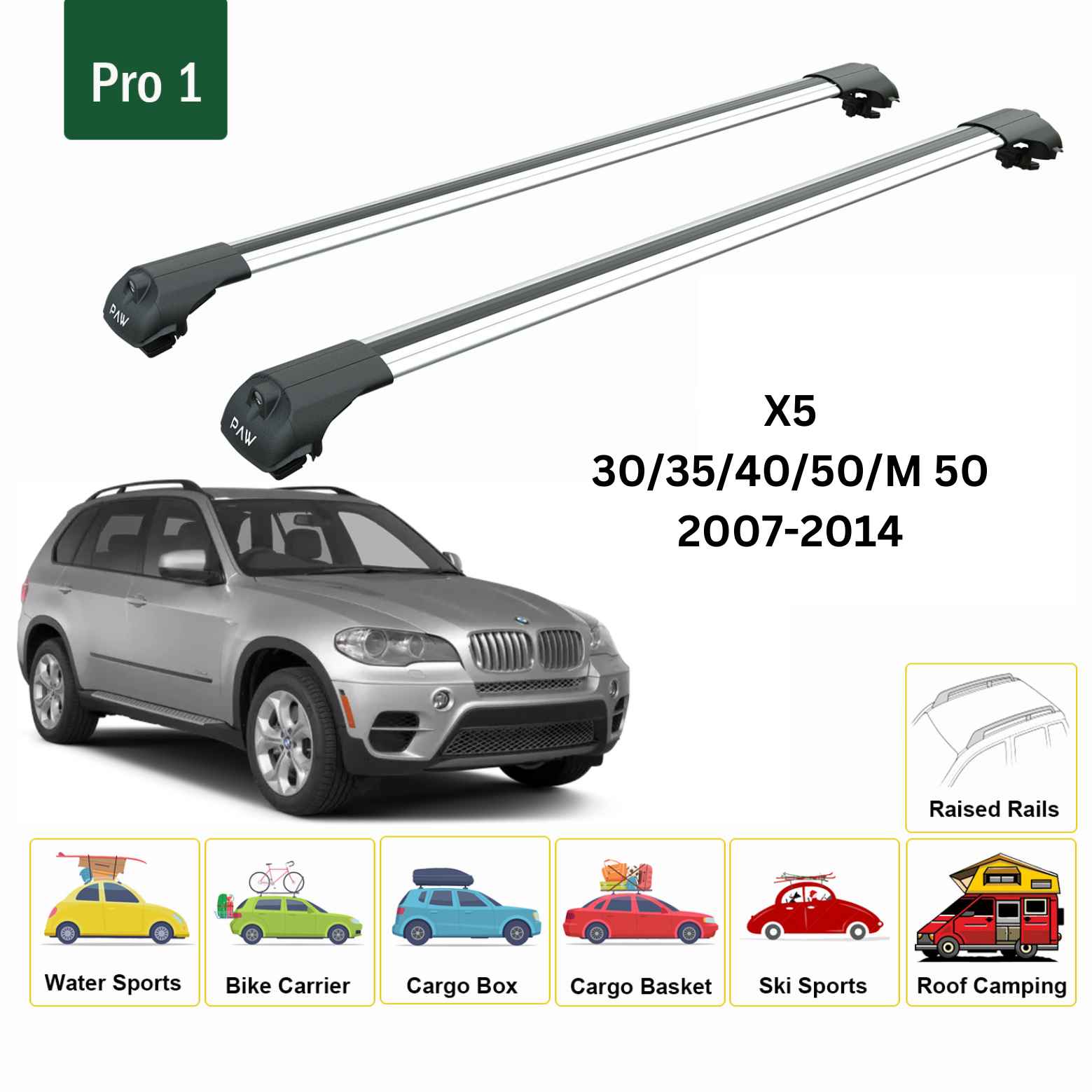 Für BMW X5 E70 2000–2014 Dachträgersystem, Aluminium-Querstange, Metallhalterung, erhöhte Schiene, Silber - 0