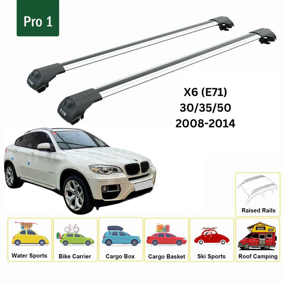 For Bmw X6 (E71) 2008-2014 Roof Rack Cross Bars Raised Rail Alu Silver