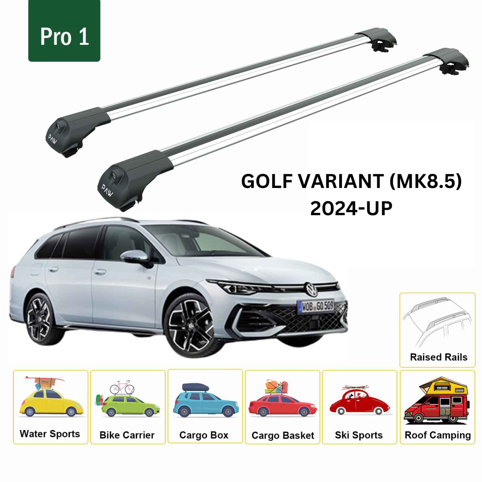 For Volkswagen Golf Variant (MK8.5) 2024-Up Roof Rack Cross Bar Raised Rail Alu Silver - 0