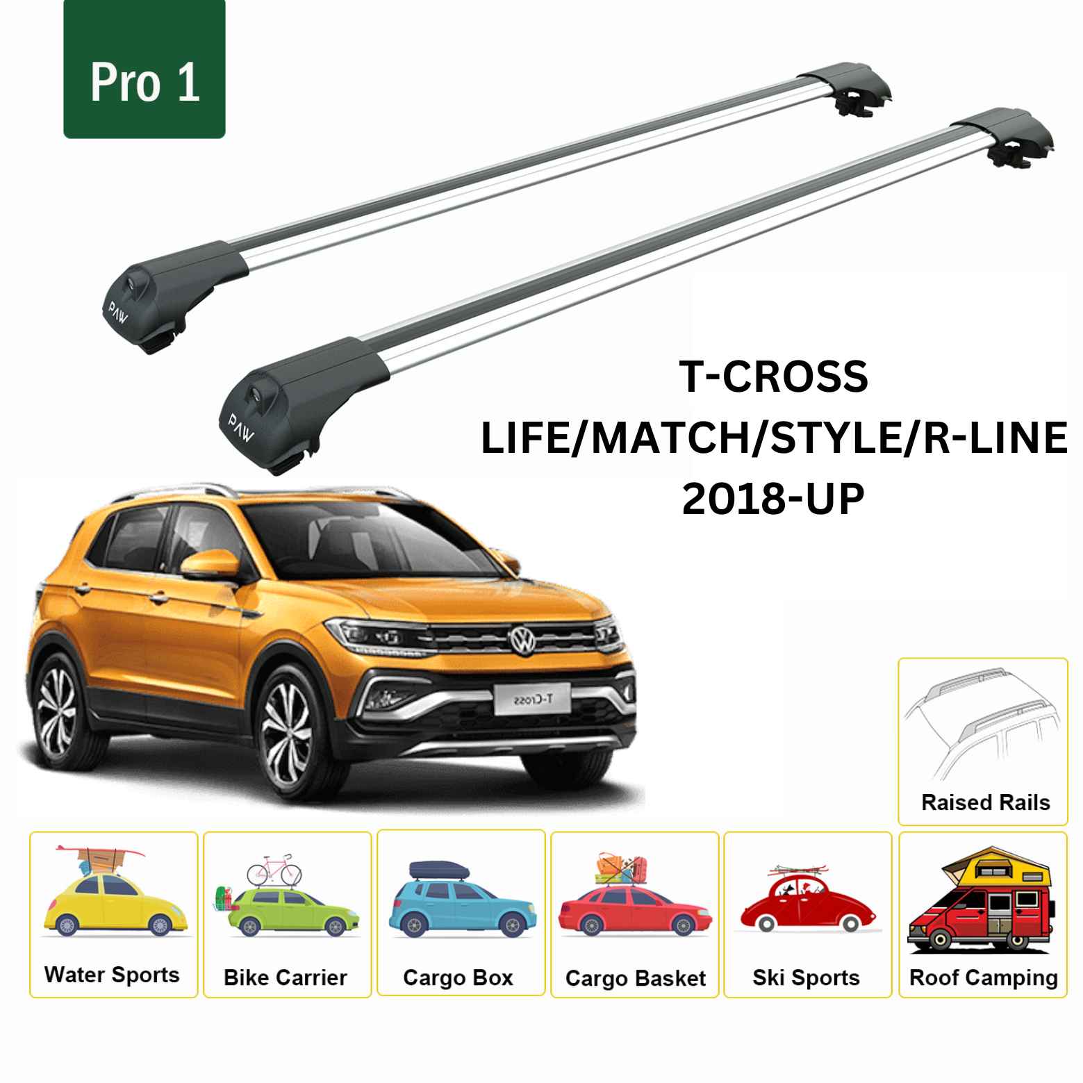 For Volkswagen T-Cross 2018-Up Roof Rack Cross Bar Raised Rail Alu Silver - 0