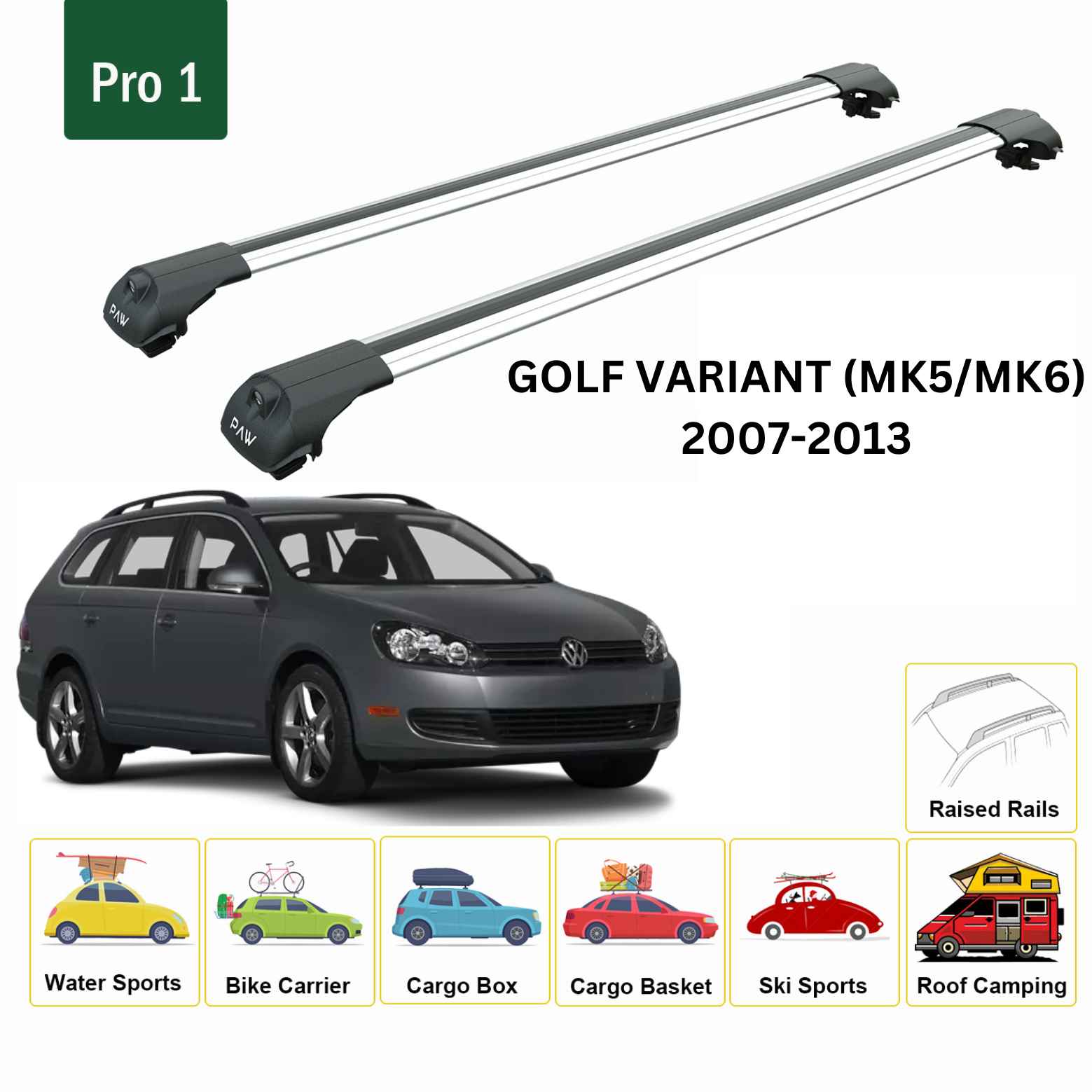 For Volkswagen Golf Variant (MK5/MK6) 2007-13 Roof Rack Cross Bar Raised Rail Alu Silver - 0