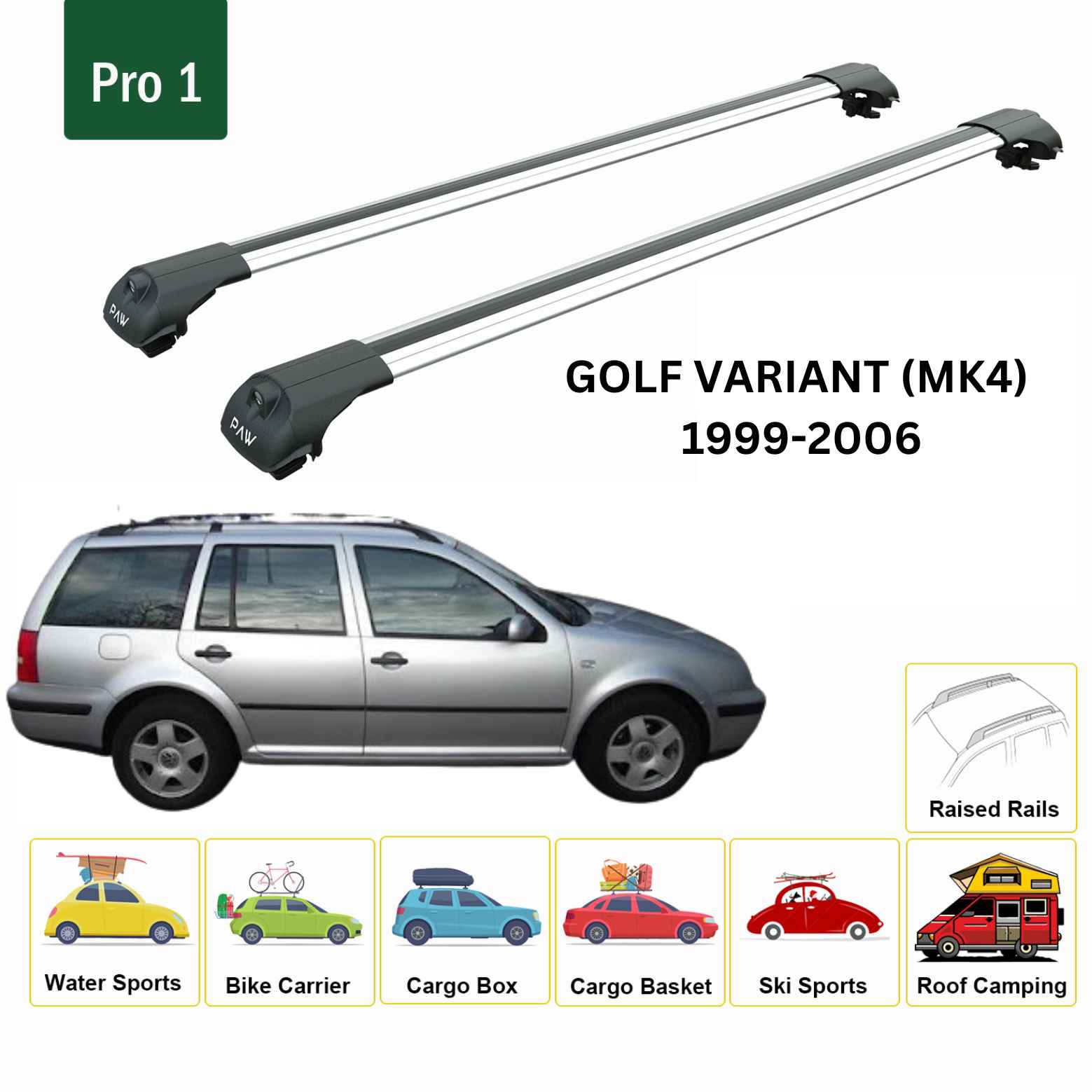 Für Volkswagen Golf Variant 2013–20 Dachträger, Querträger, Metallhalterung, erhöhte Schiene, Alu, Silber - 0