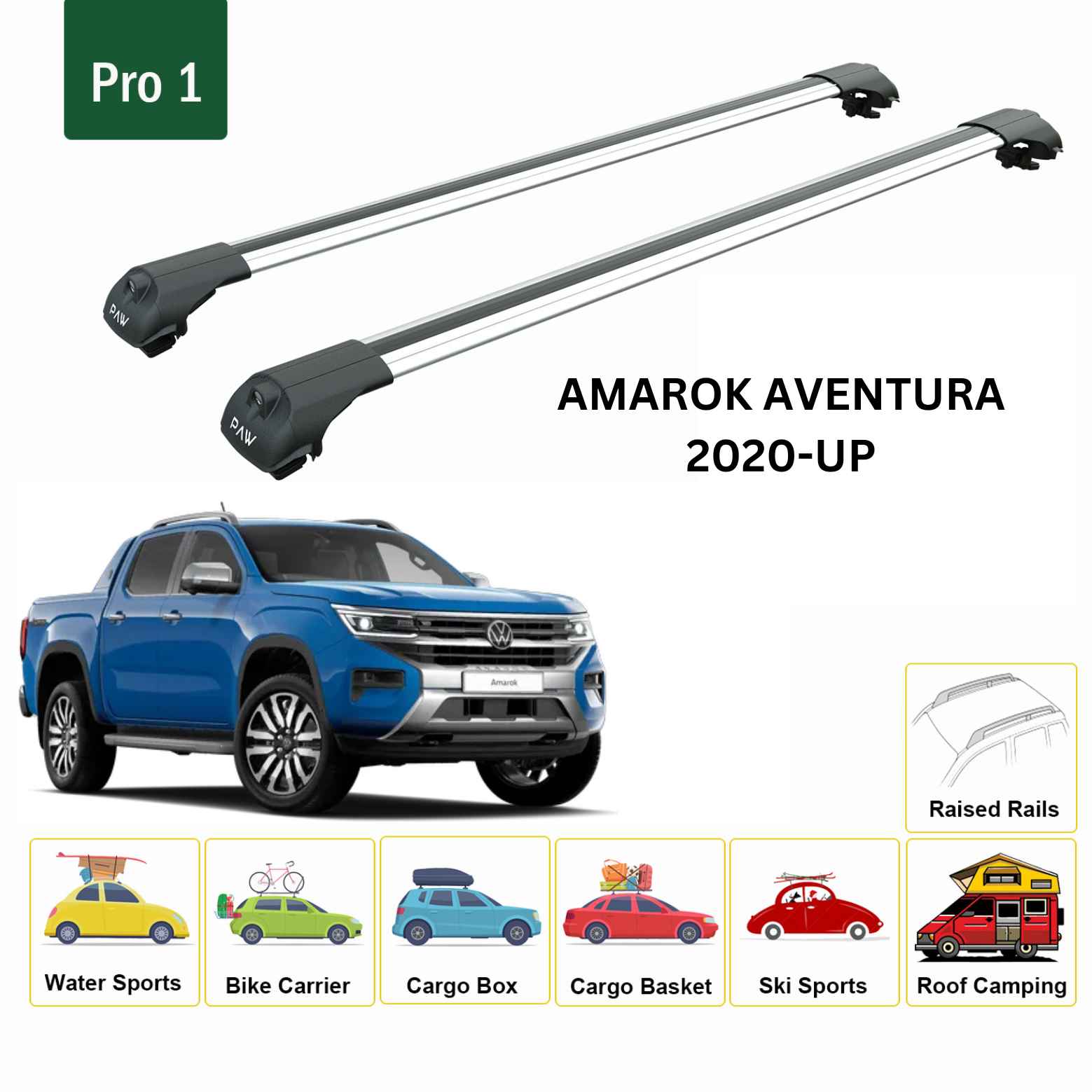 For Volkswagen Amarok Aventura 2020-Up Roof Rack Cross Bar Raised Rail Alu Silver