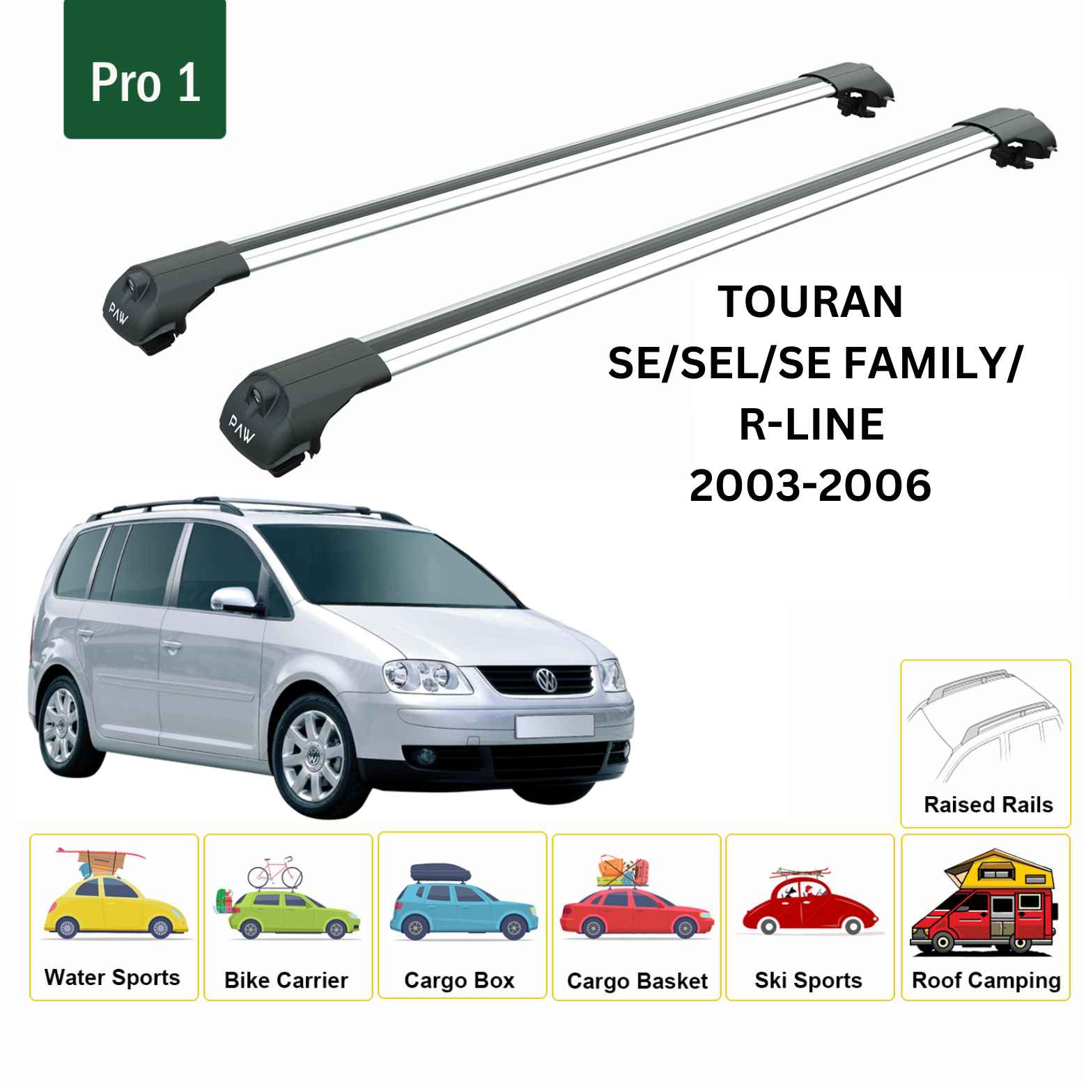 For Volkswagen Touran 2003-06 Roof Rack Cross Bar Raised Rail Alu Silver - 0