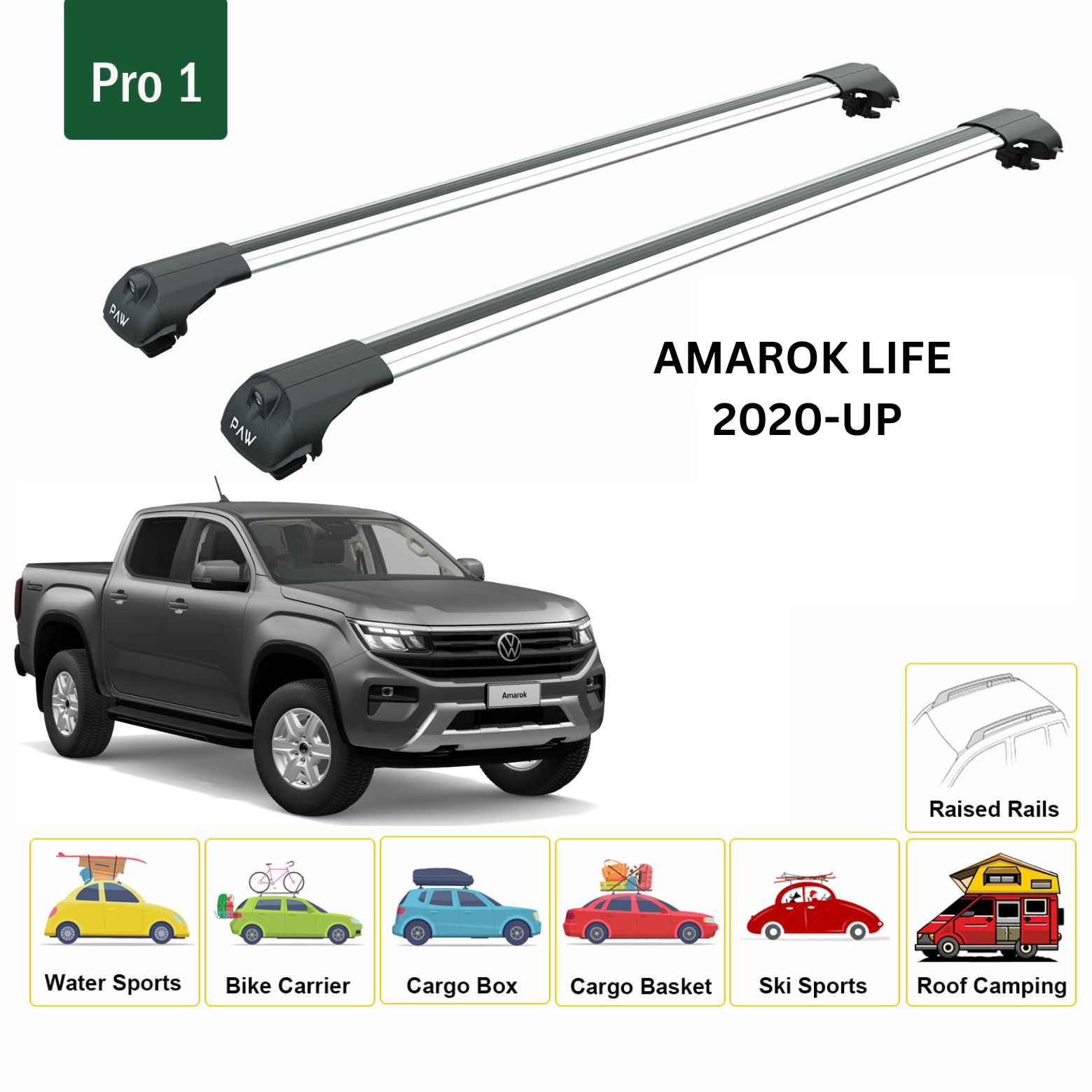 For Volkswagen Amarok Life 2020-Up Roof Side Rails and Roof Rack Cross Bar Alu Silver