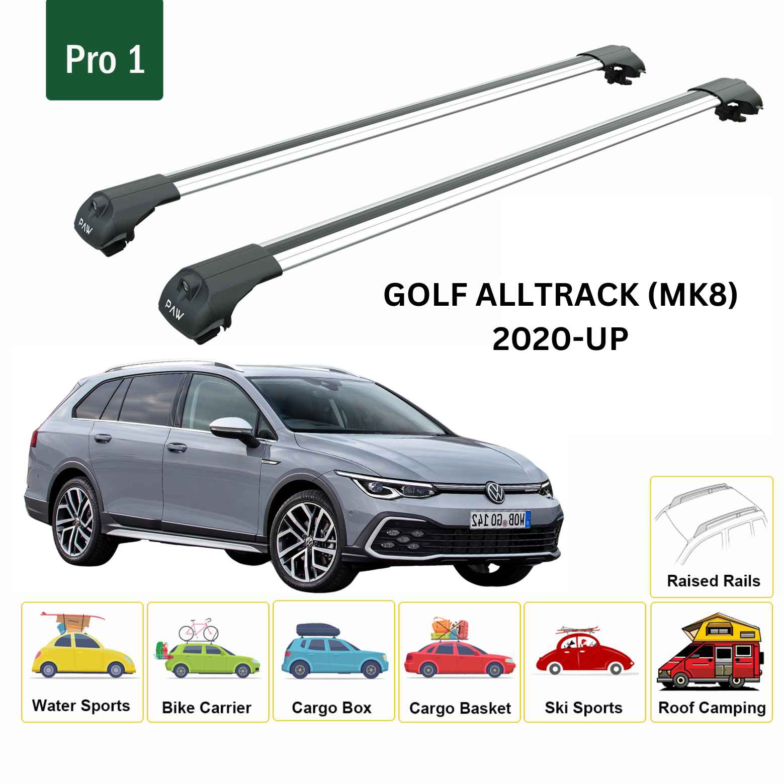 For Volkswagen Golf Alltrack (MK8) 2020-Up Roof Rack Cross Bar Raised Rail Alu Silver - 0