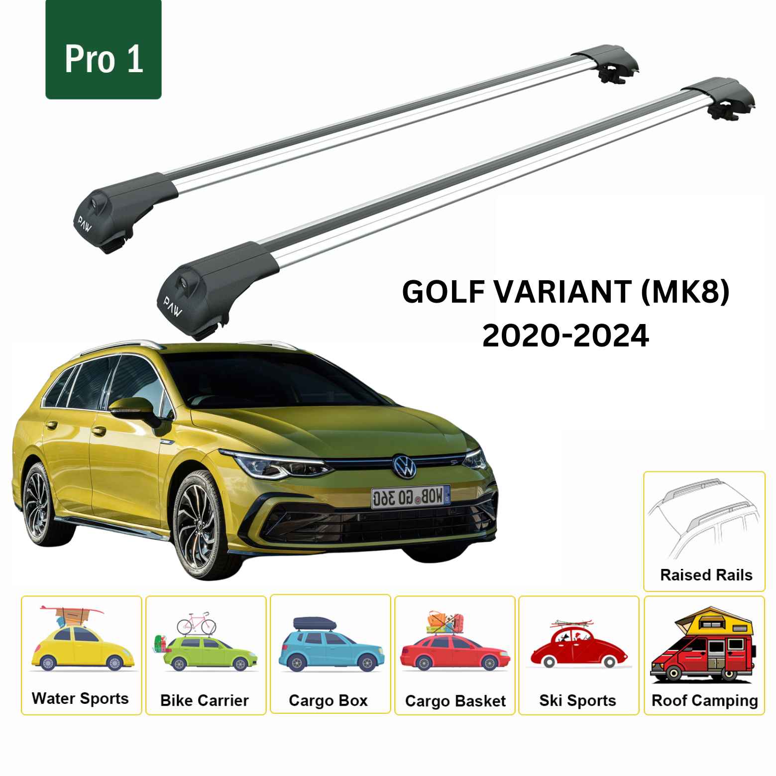 For Volkswagen Golf Variant (MK8) 2020-24 Roof Rack Cross Bar Raised Rail Alu Silver - 0