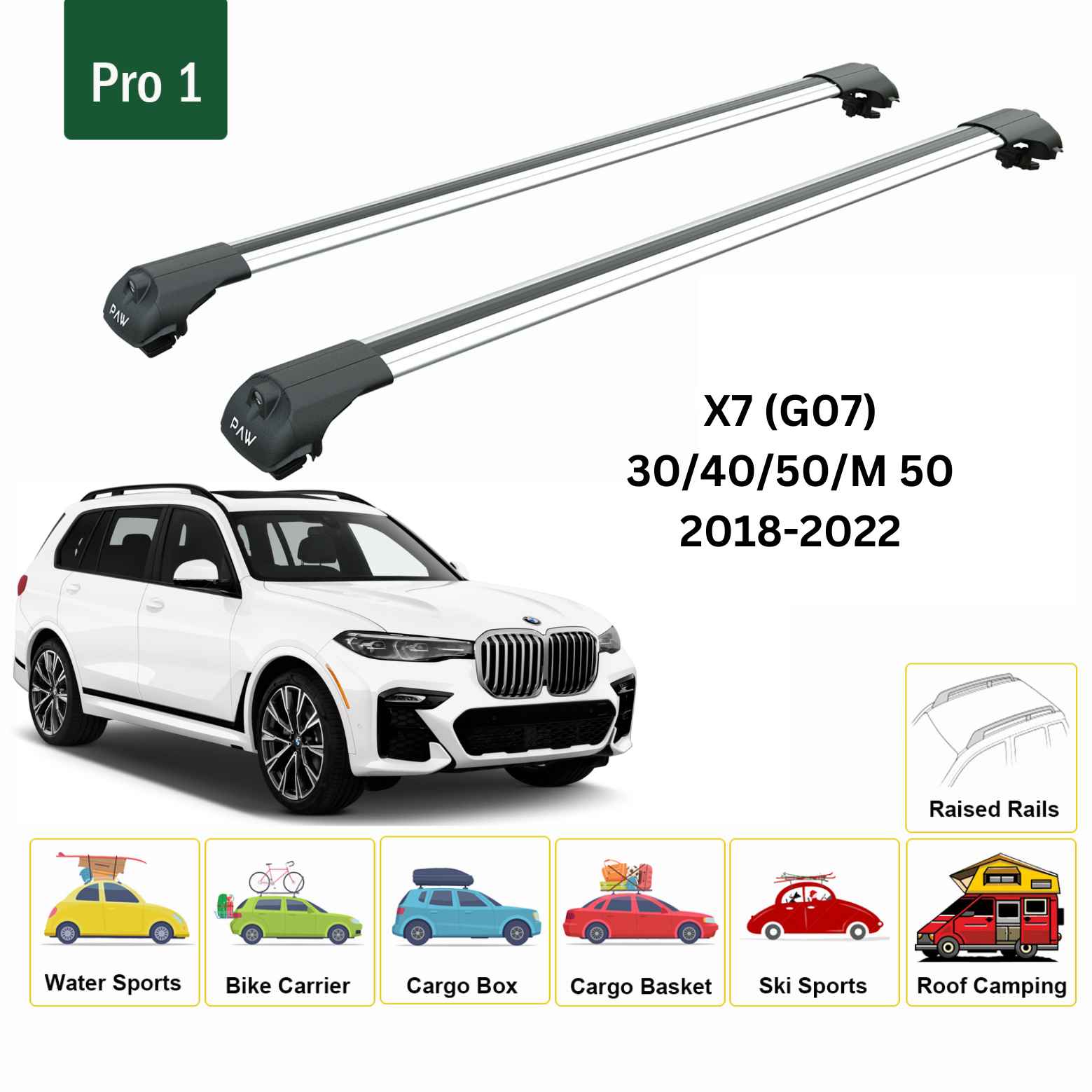 For BMW X7 G07 2018-22 Roof Rack Cross Bars Raised Rail Alu Silver - 0
