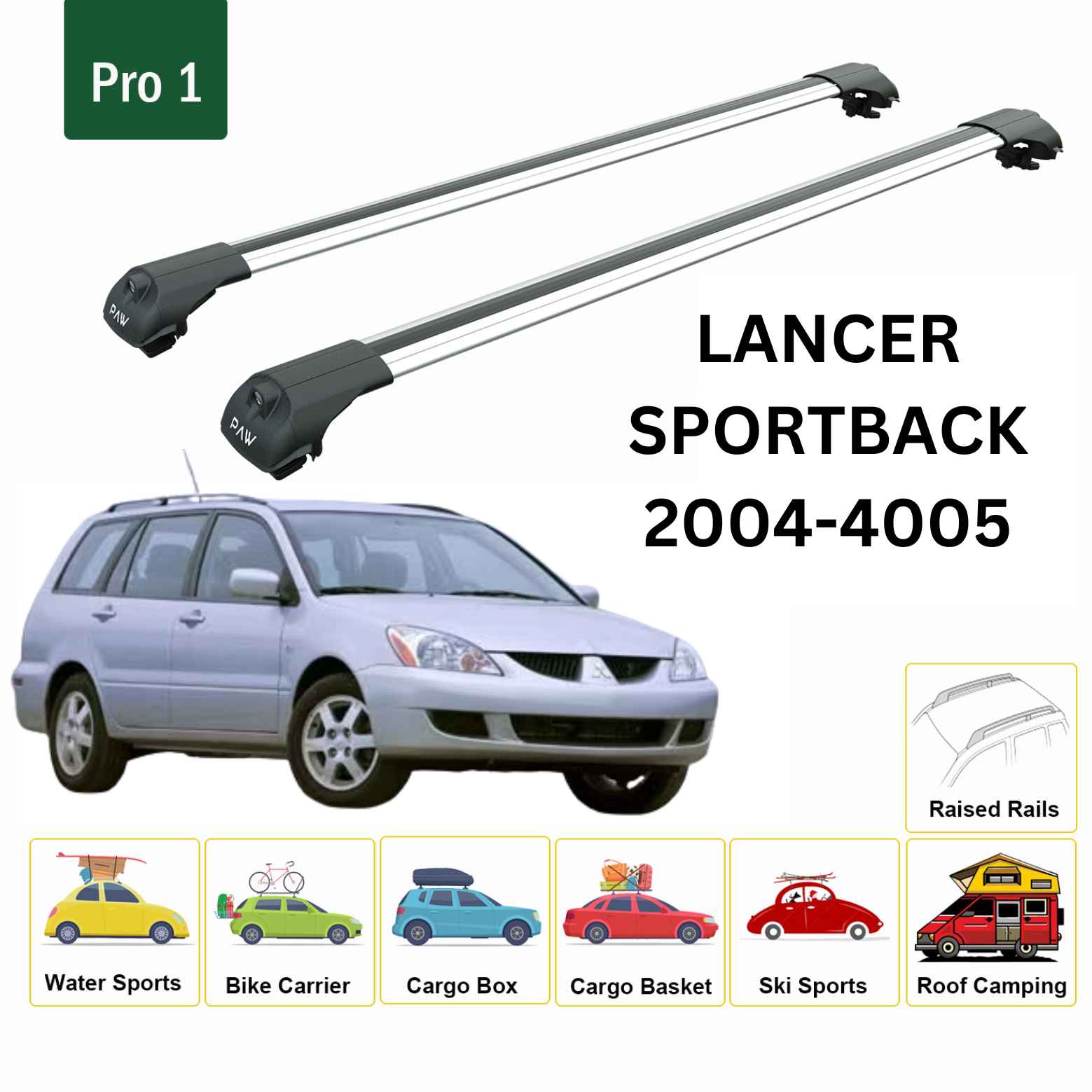 For Mitsubishi Lancer Sportback 2004-05 Roof Rack Cross Bars Raised Rail Alu Silver
