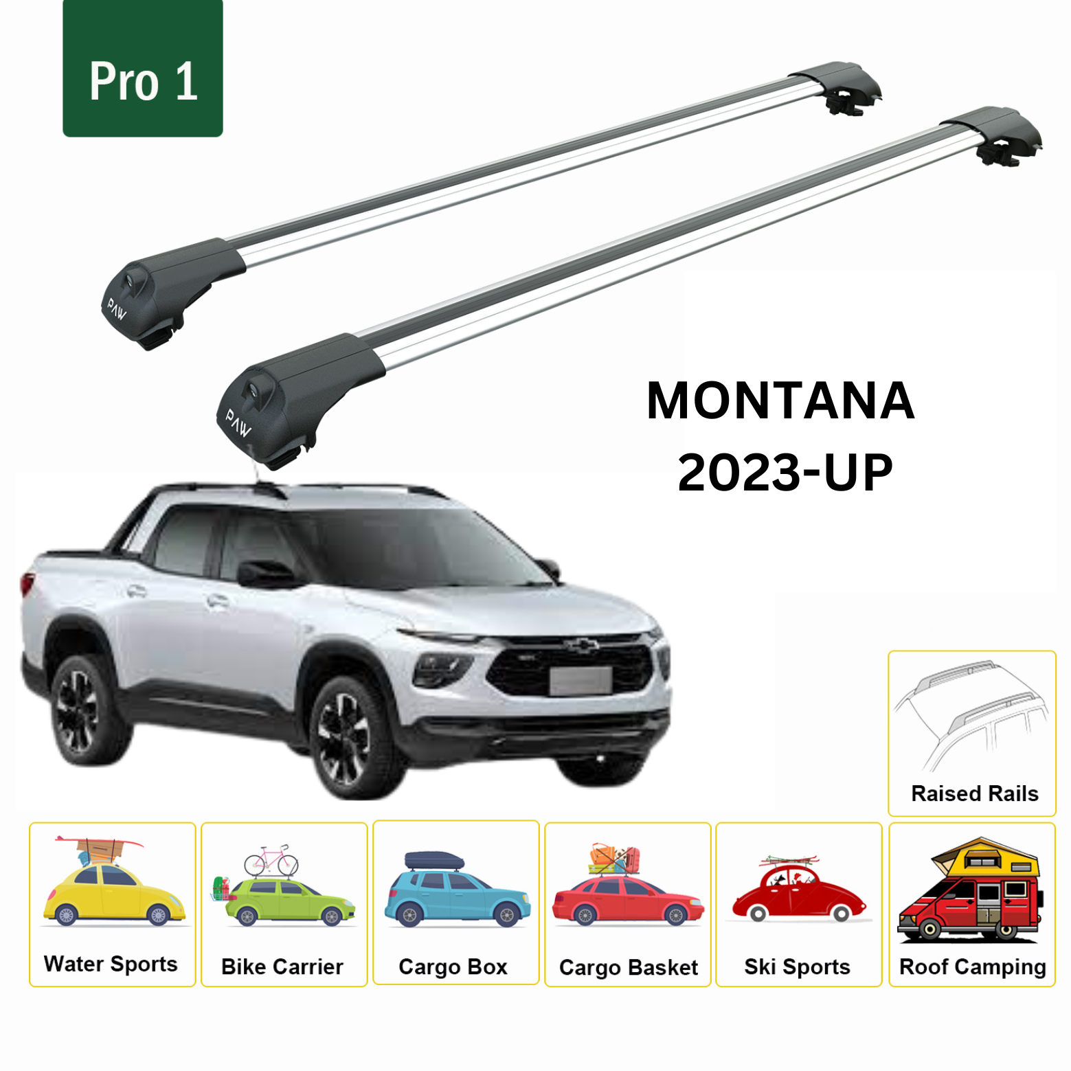 For Chevrolet Montana 2023-Up Roof Rack Cross Bars Metal Bracket Raised Rail Alu Silver