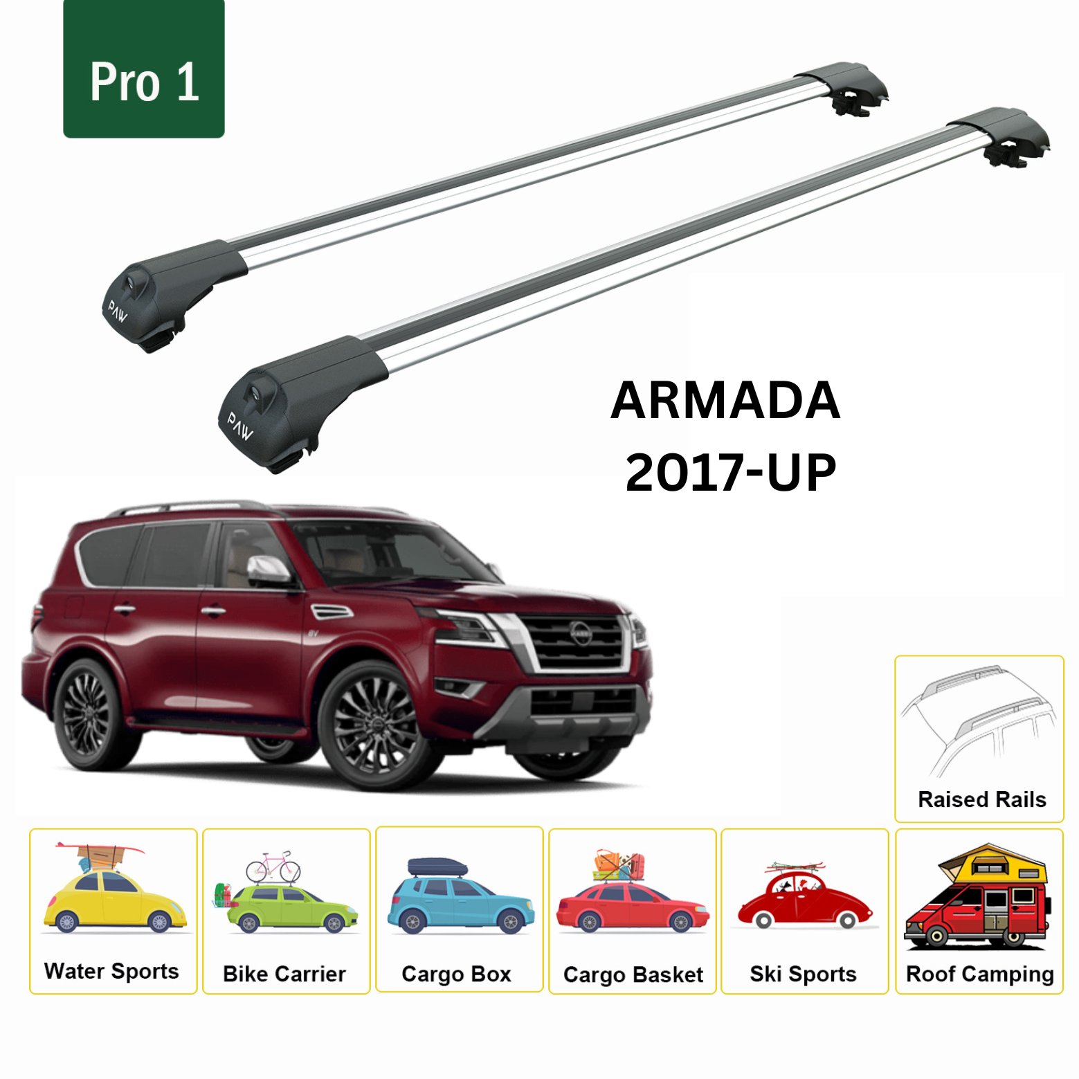 For Nissan Armada Patrol 2017-Up Roof Rack Cross Bars Metal Bracket Raised Rail Alu Silver