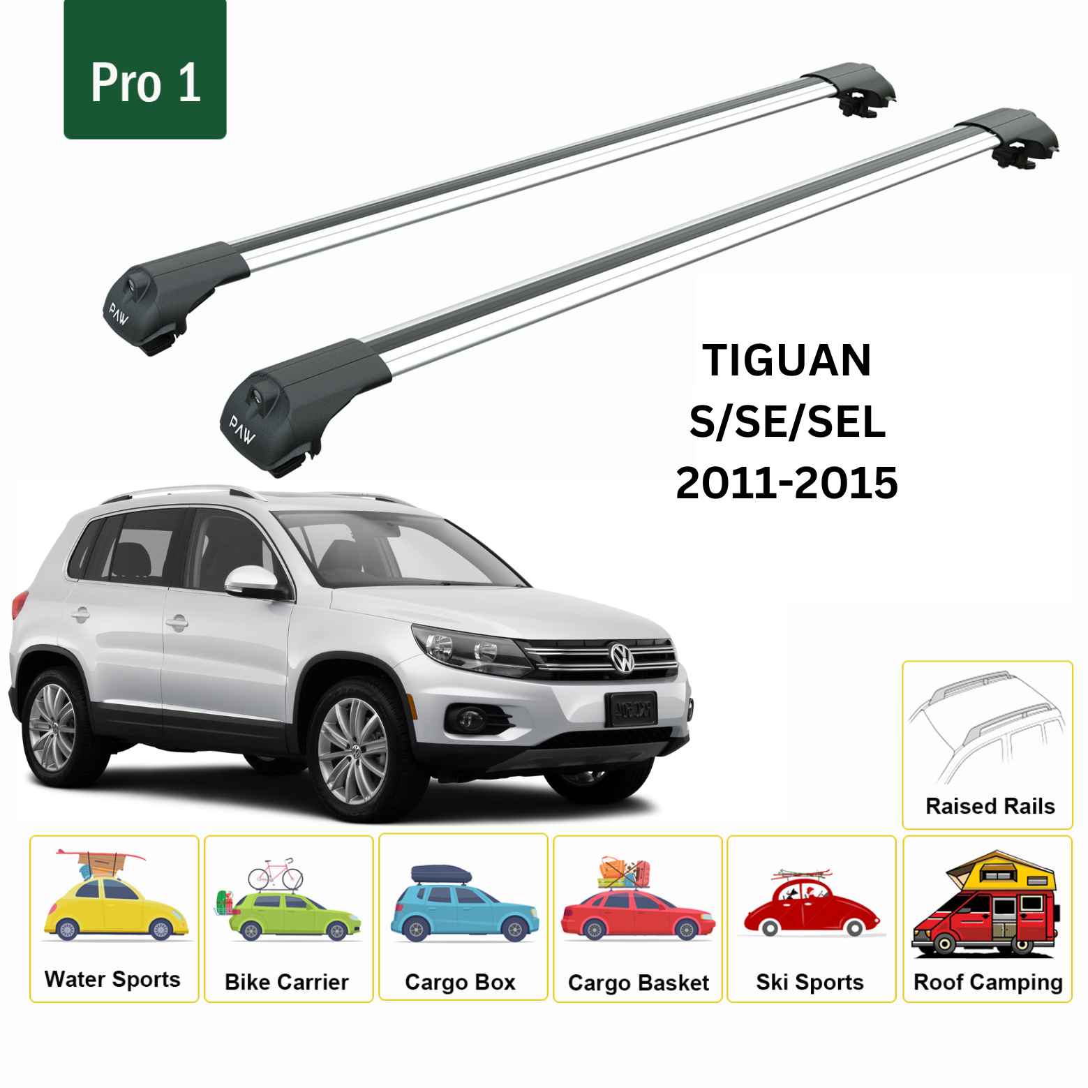 For Volkswagen Tiguan 2011-15 Roof Rack Cross Bar Raised Rail Alu Silver