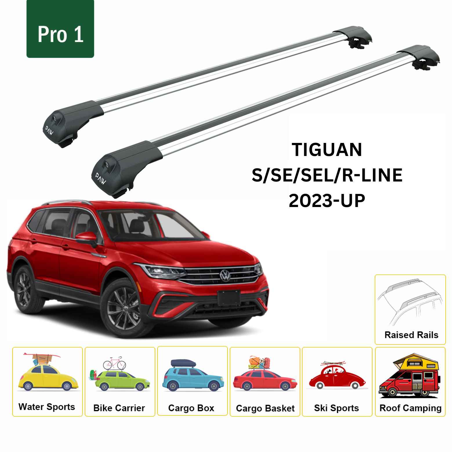 For Volkswagen Tiguan 2023-Up Roof Rack Cross Bar Raised Rail Alu Silver
