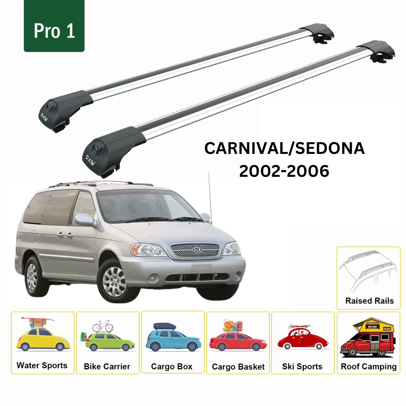 For Kia Carnival/Sedona 2002-06 Roof Rack Cross Bars Raised Rail Alu Silver