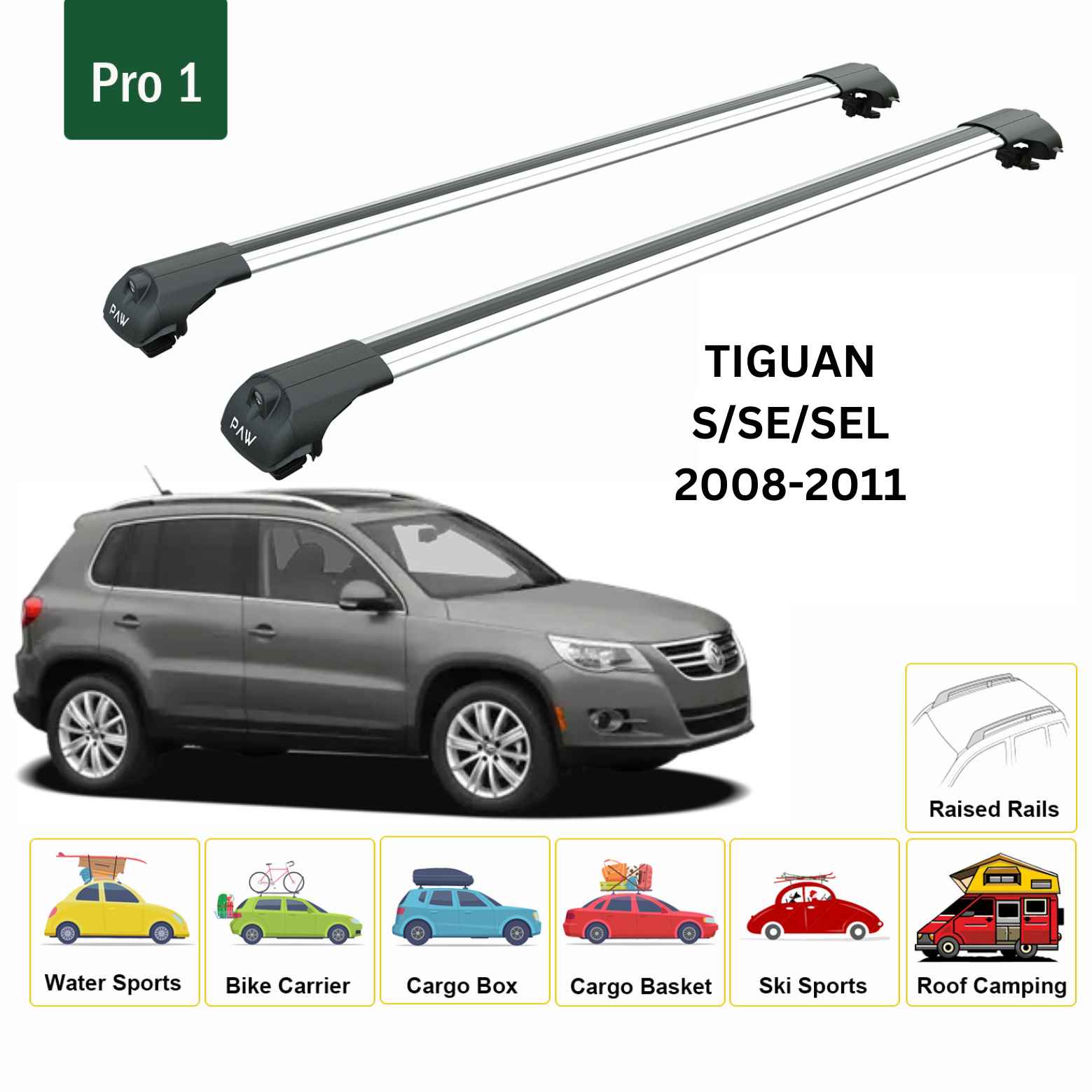 Für Volkswagen Tiguan 2007–16 Dachträger, Querträger, Metallhalterung, erhöhte Schiene, Alu, Silber - 0