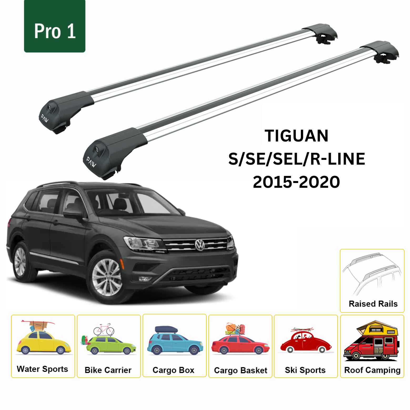 For Volkswagen Tiguan 2015-20 Roof Rack Cross Bar Raised Rail Alu Silver - 0