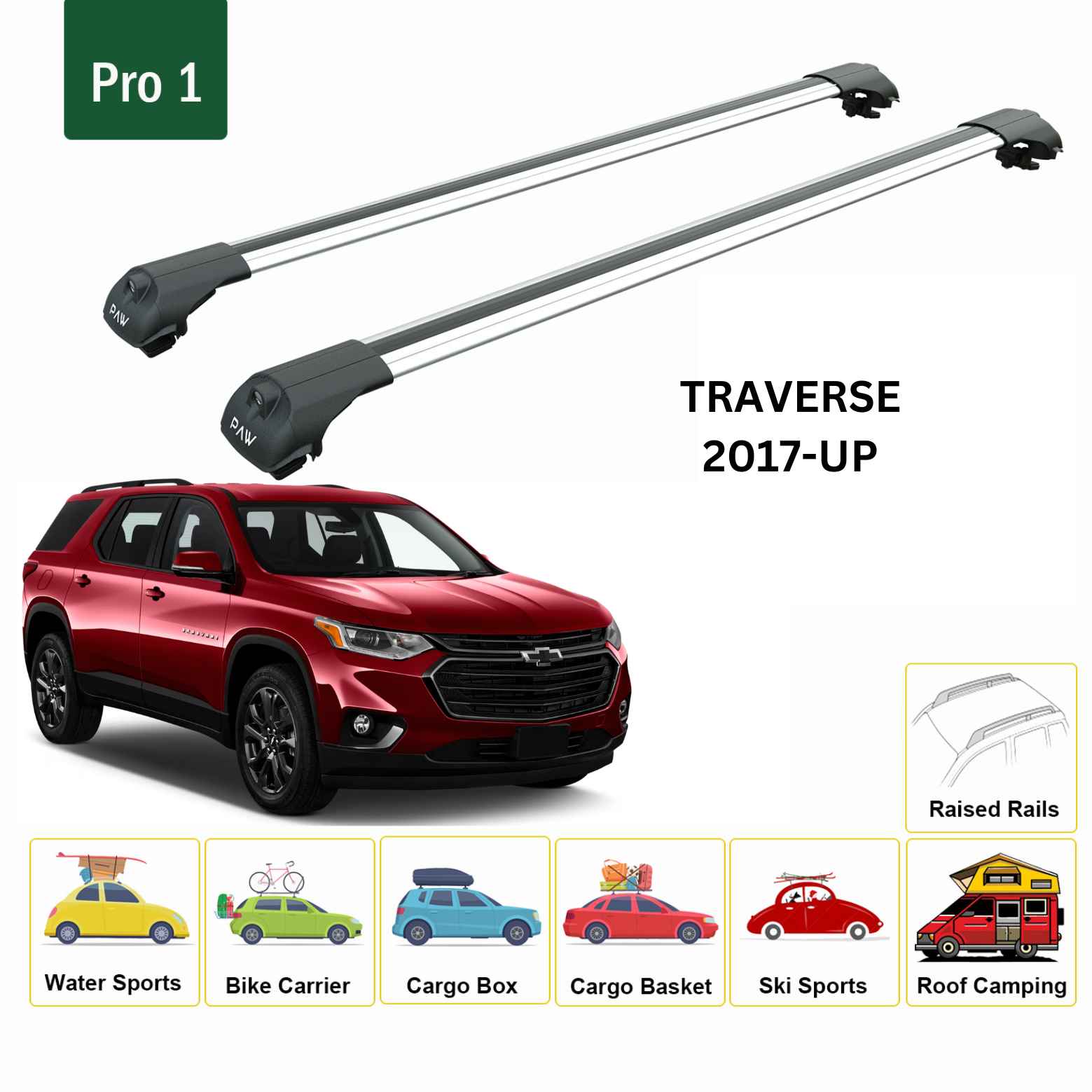 For Chevrolet Traverse 2017-Up Roof Rack Cross Bars Raised Rail Alu Silver - 0