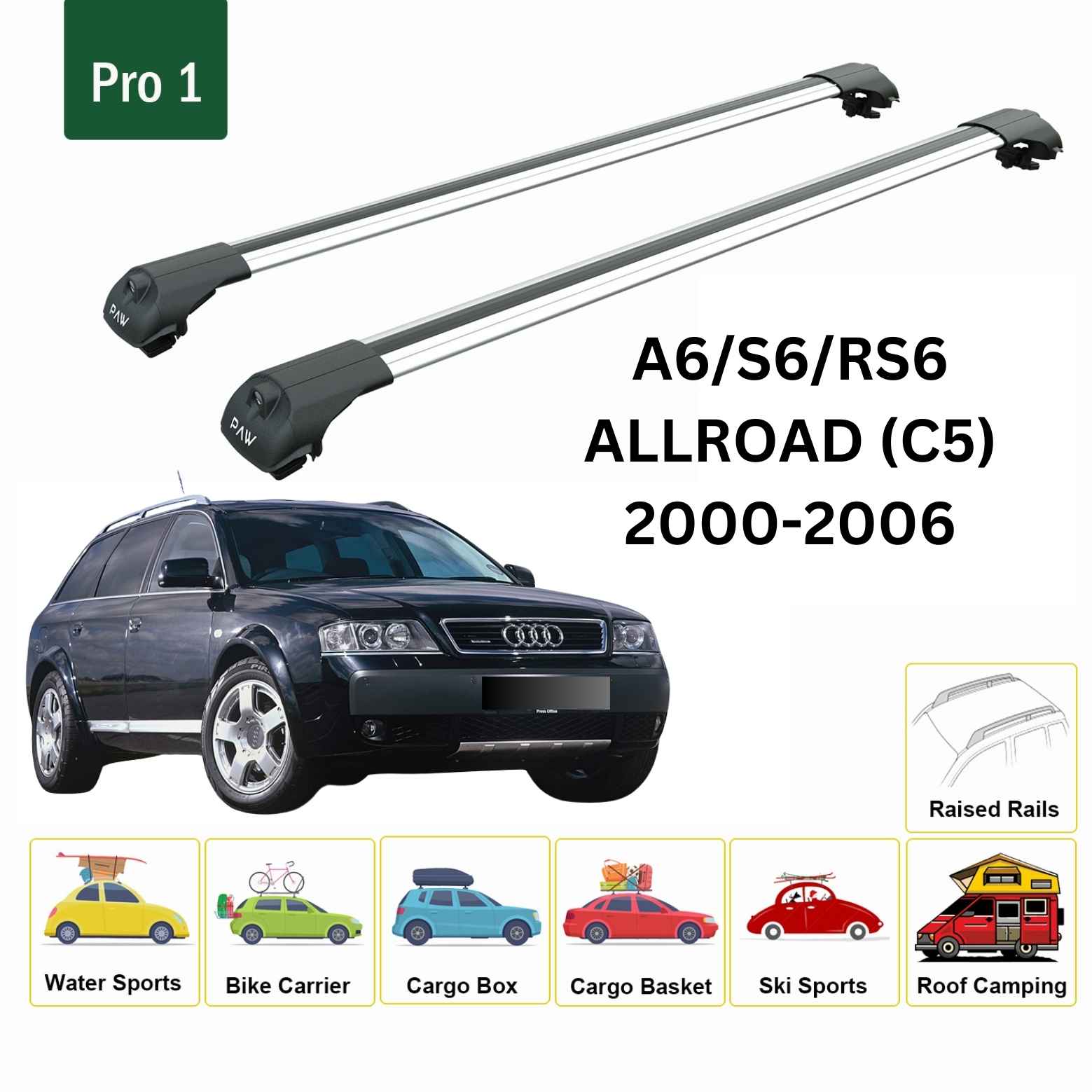 For Audi A6/S6/RS6 (C5) Allroad 2000-06 Roof Rack Cross Bars Raised Rail Alu Silver - 0