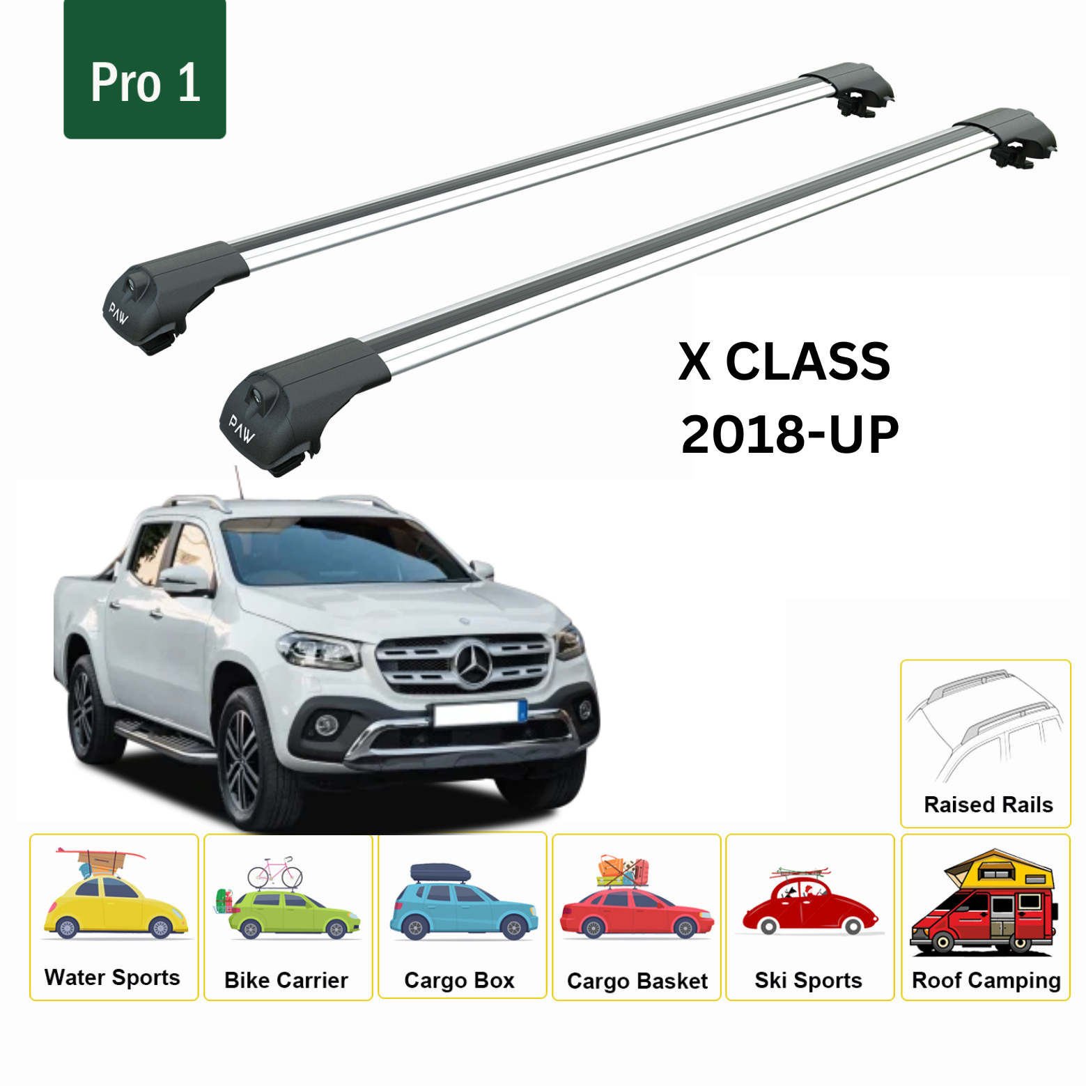 For Mercedes Benz X Double Cab. 2018-Up Roof Rack Cross Bars Metal Bracket Raised Rail Alu Silver