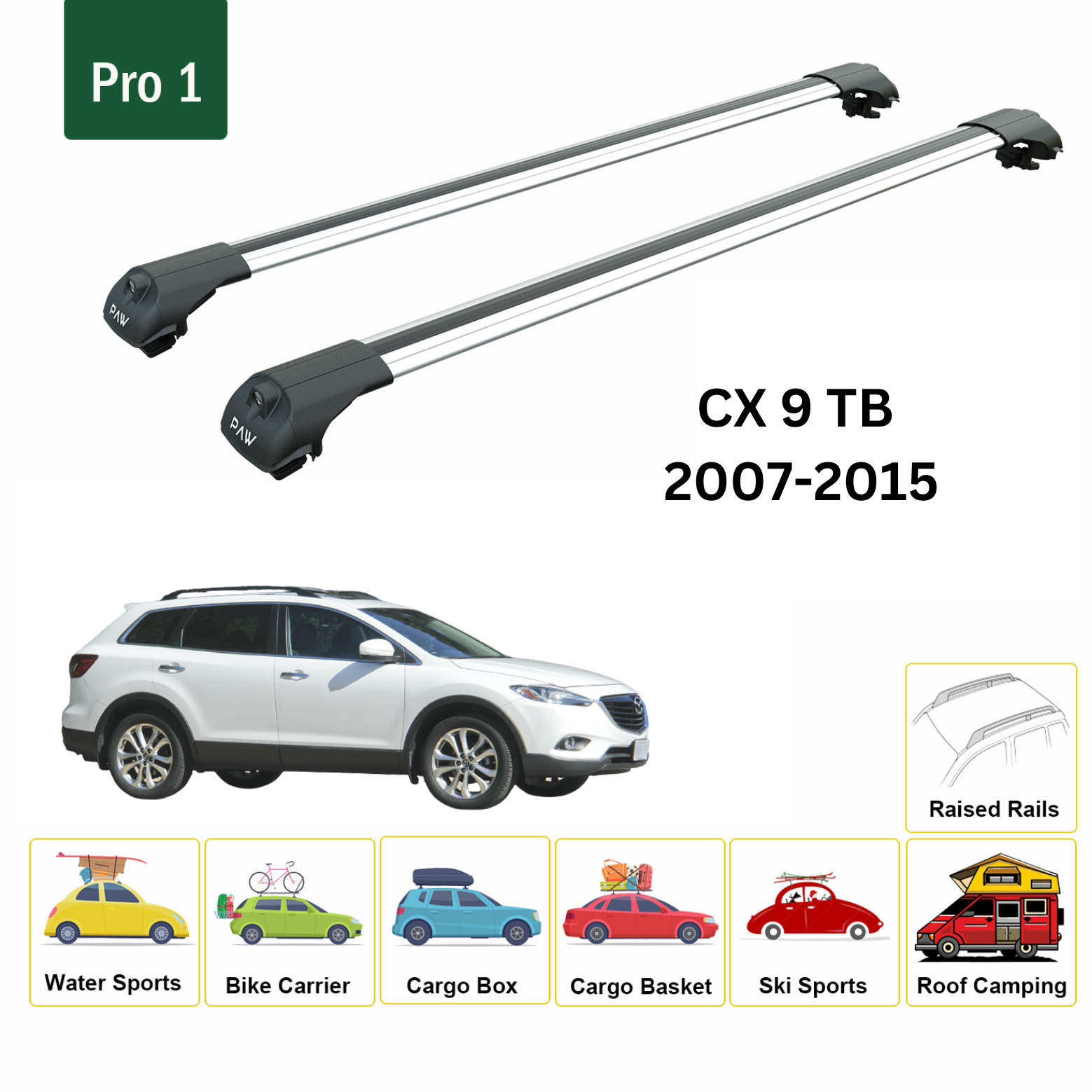 Für Mazda CX-9 (TB) 2007–2015, Dachträgersystem, Träger, Querträger, Aluminium, abschließbar, hochwertige Metallhalterung, silberfarben