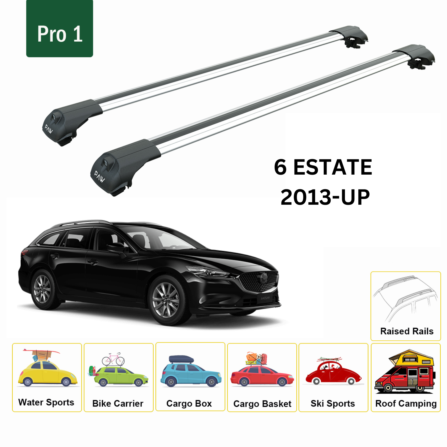 For Mazda 6 Estate 2013-Up Roof Rack Cross Bars Metal Bracket Raised Rail Alu Silver-2