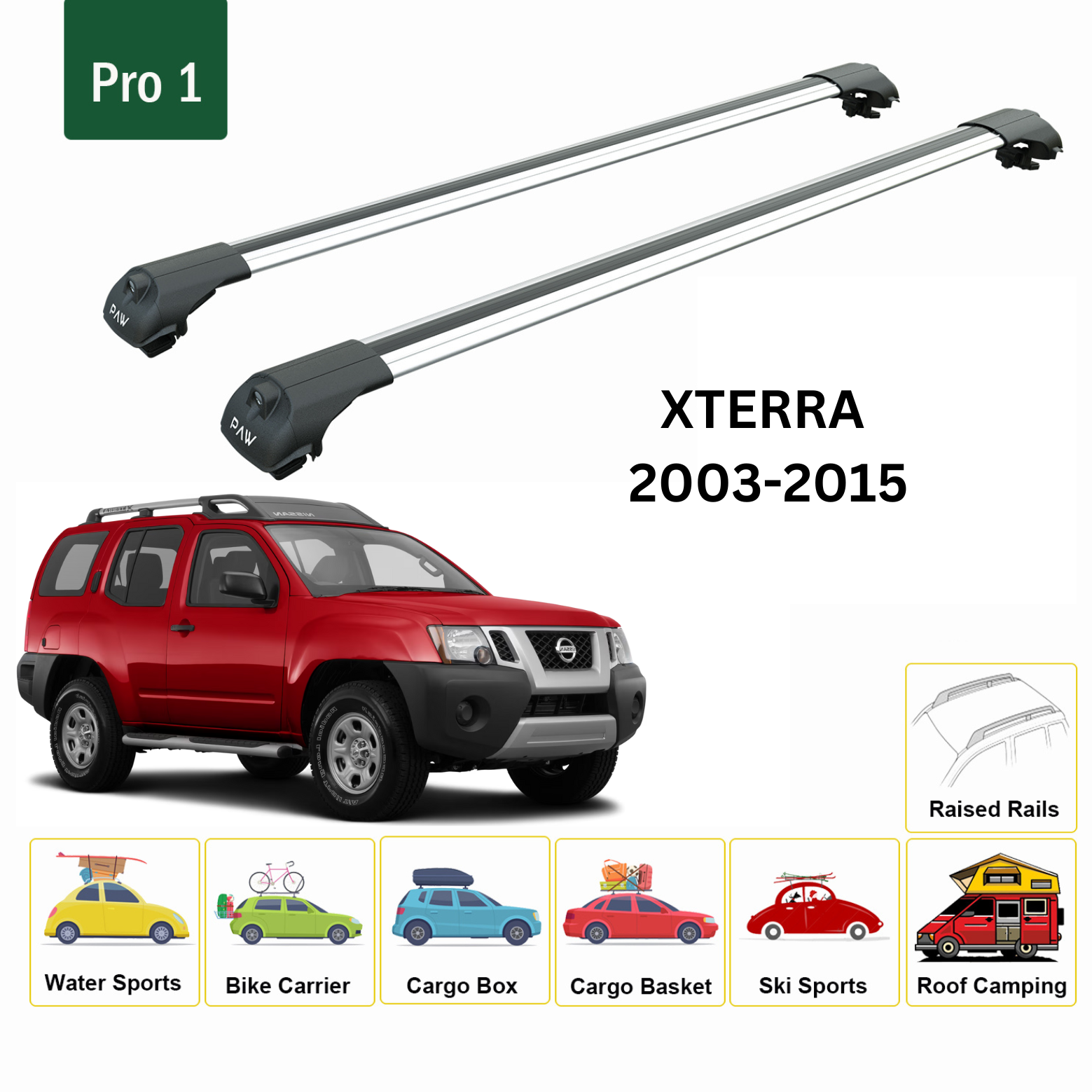 For Nissan XTerra 2003-2015 Roof Rack Cross Bars Metal Bracket Raised Rail Silver - 0