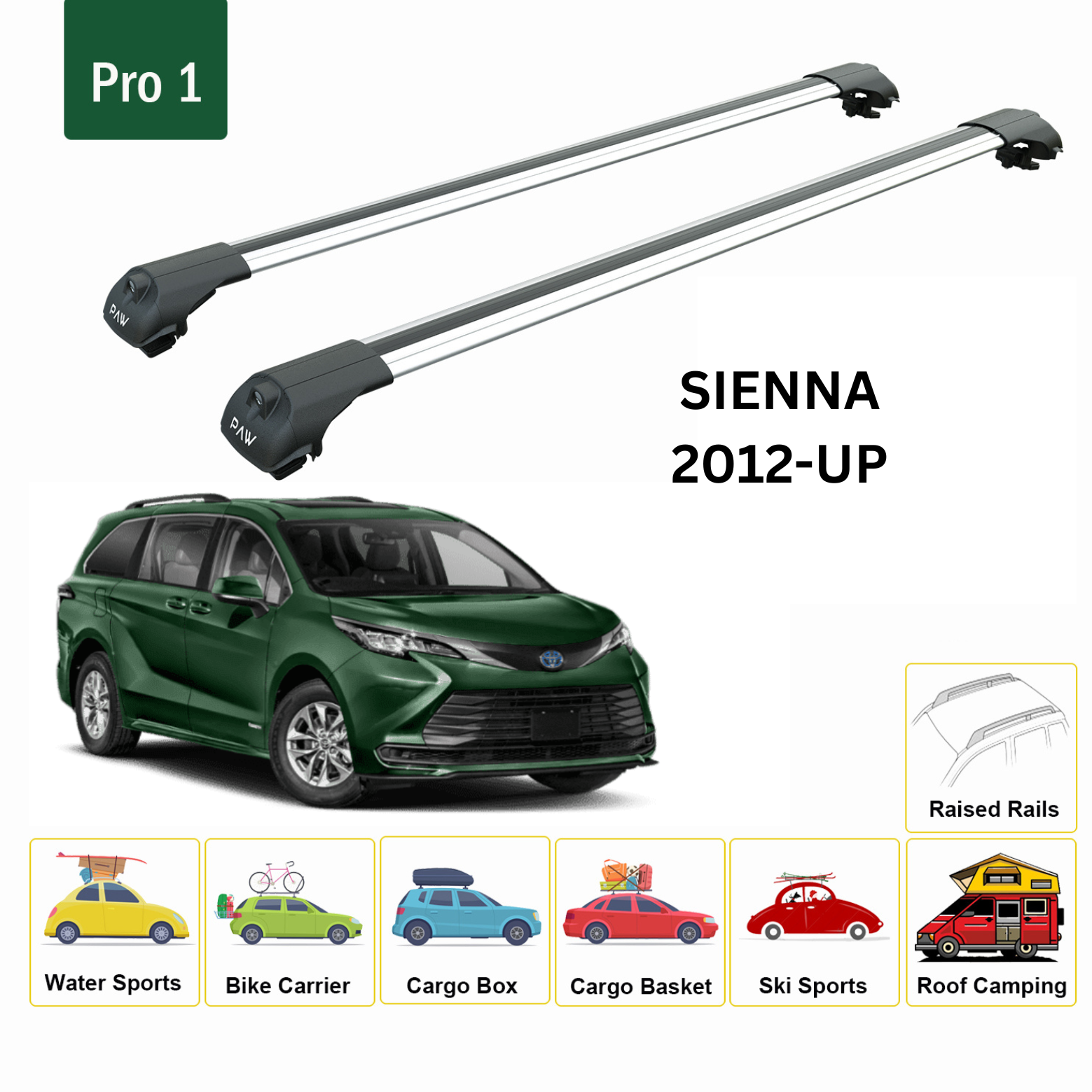 For Toyota Sienna 2012-Up Roof Rack Cross Bars Metal Bracket Raised Rail Alu Silver