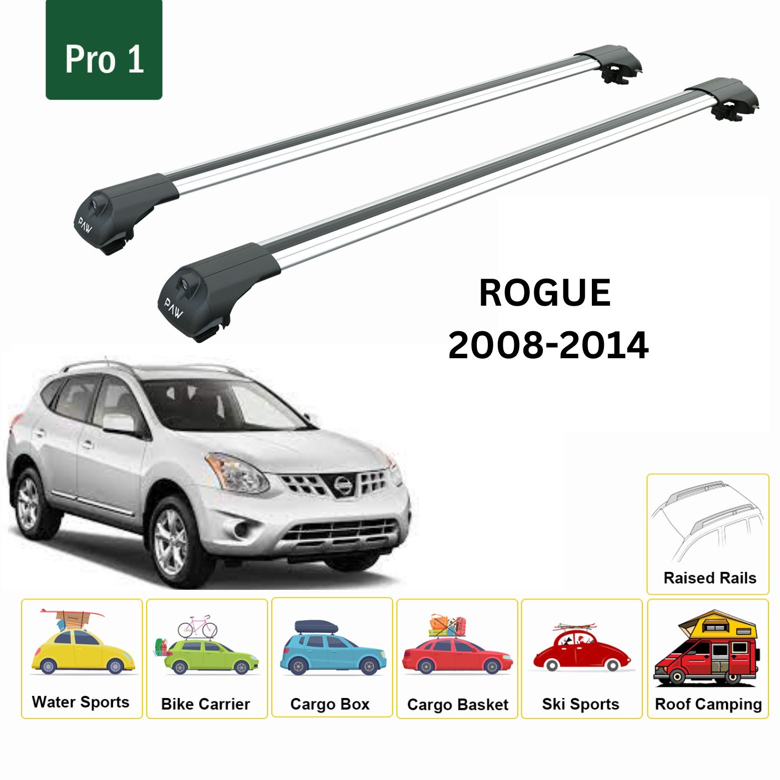 For Nissan Rogue 2008-14 Roof Rack Cross Bars Metal Bracket Raised Rail Silver - 0