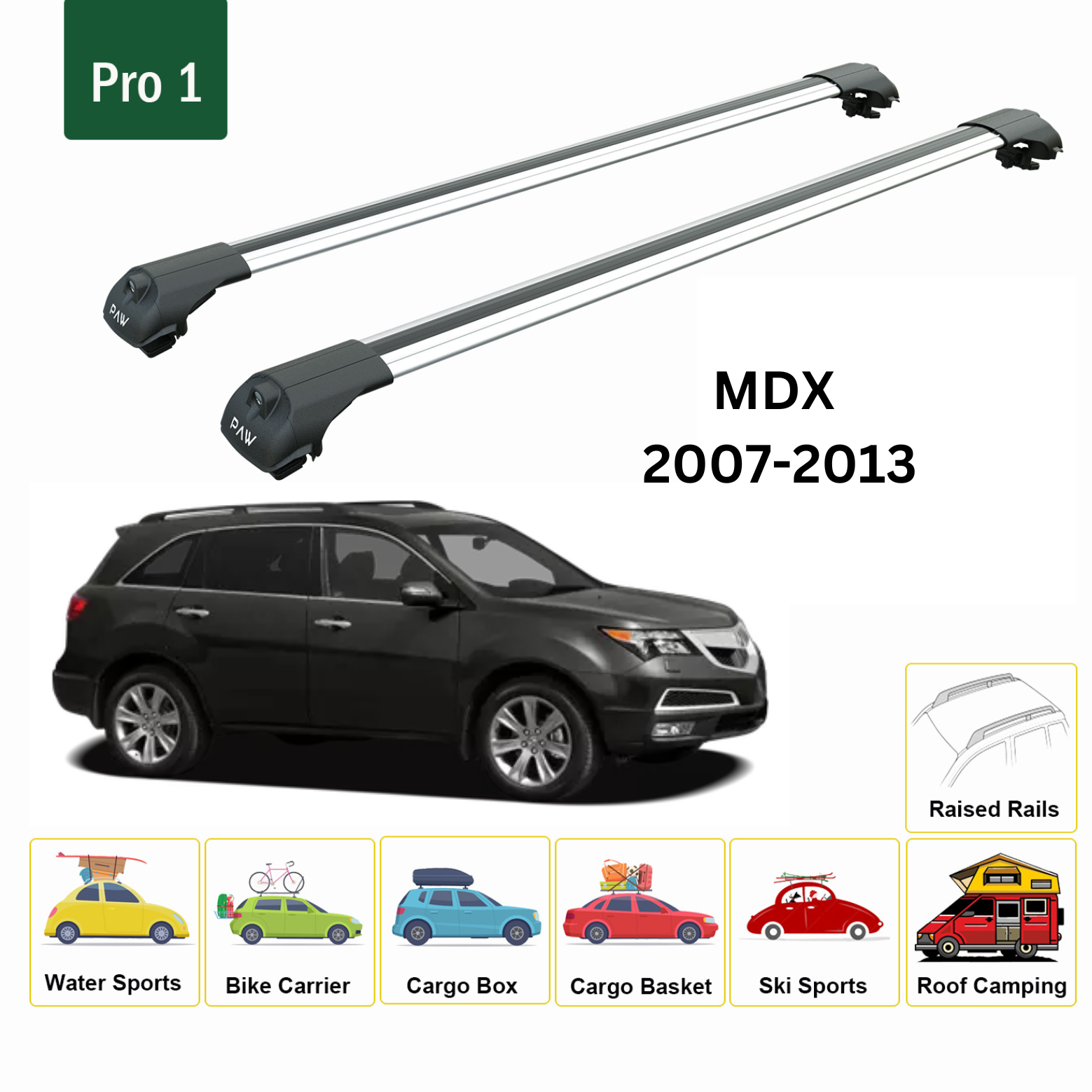 For Acura MDX 2007-13 Roof Rack Cross Bars Metal Bracket Raised Rail Alu Silver - 0