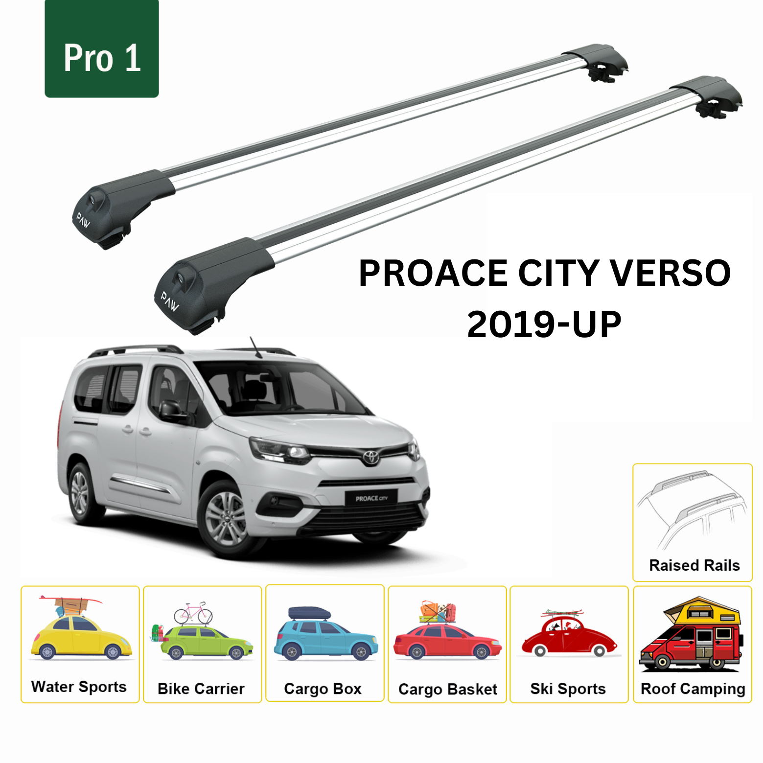 For Toyota Proace City Verso 2019-Up Roof Rack Cross Bars Metal Bracket Raised Rail Alu Silver - 0