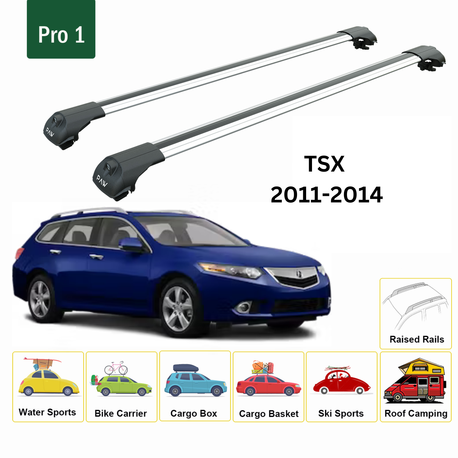 For Acura TSX Sportwagon 2011-14 Roof Rack Cross Bars Metal Bracket Raised Rail Alu Silver